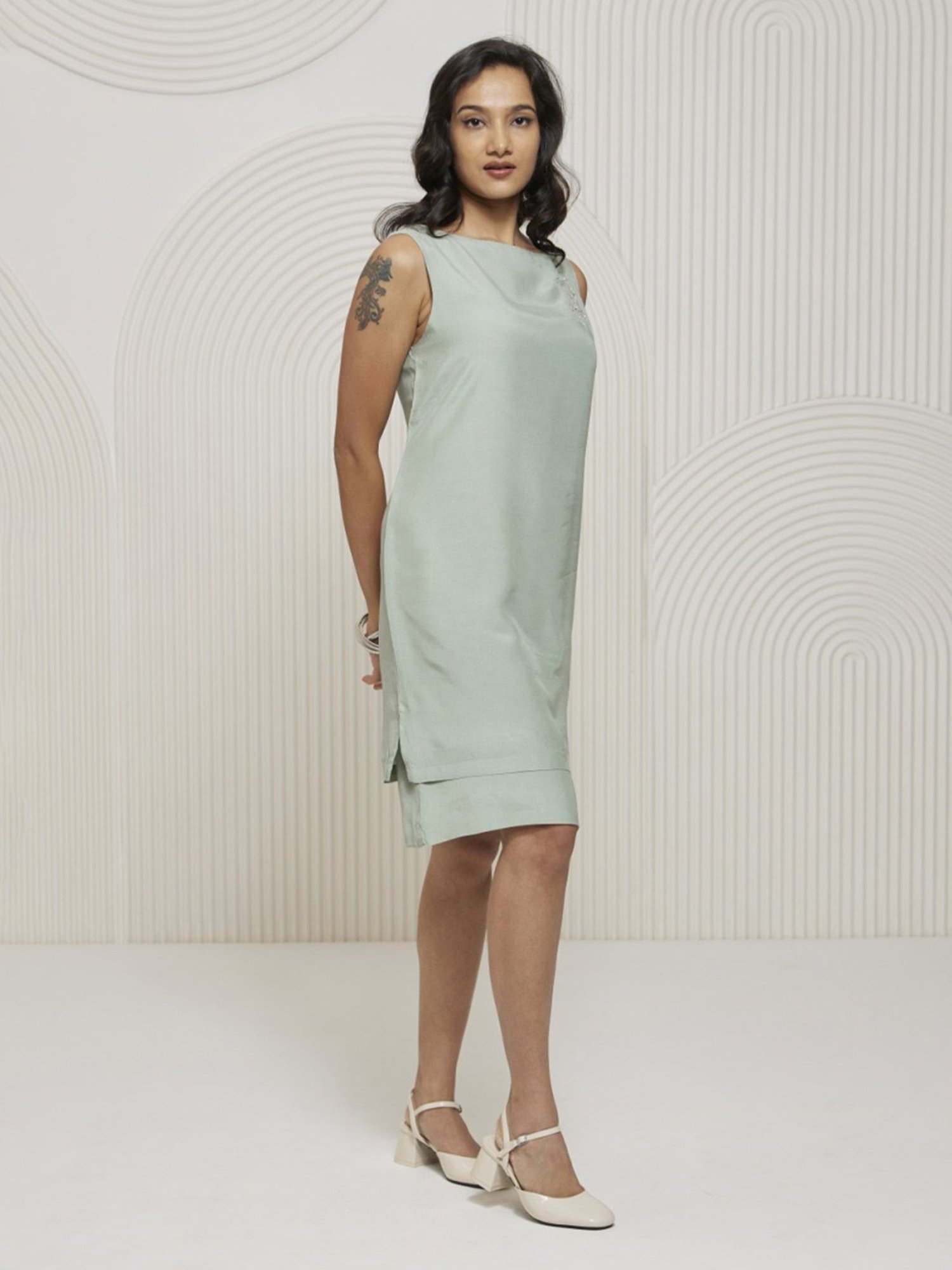 Artagai Celadon Green Romancing Aari Layered Shift Dress With Brooch Detail