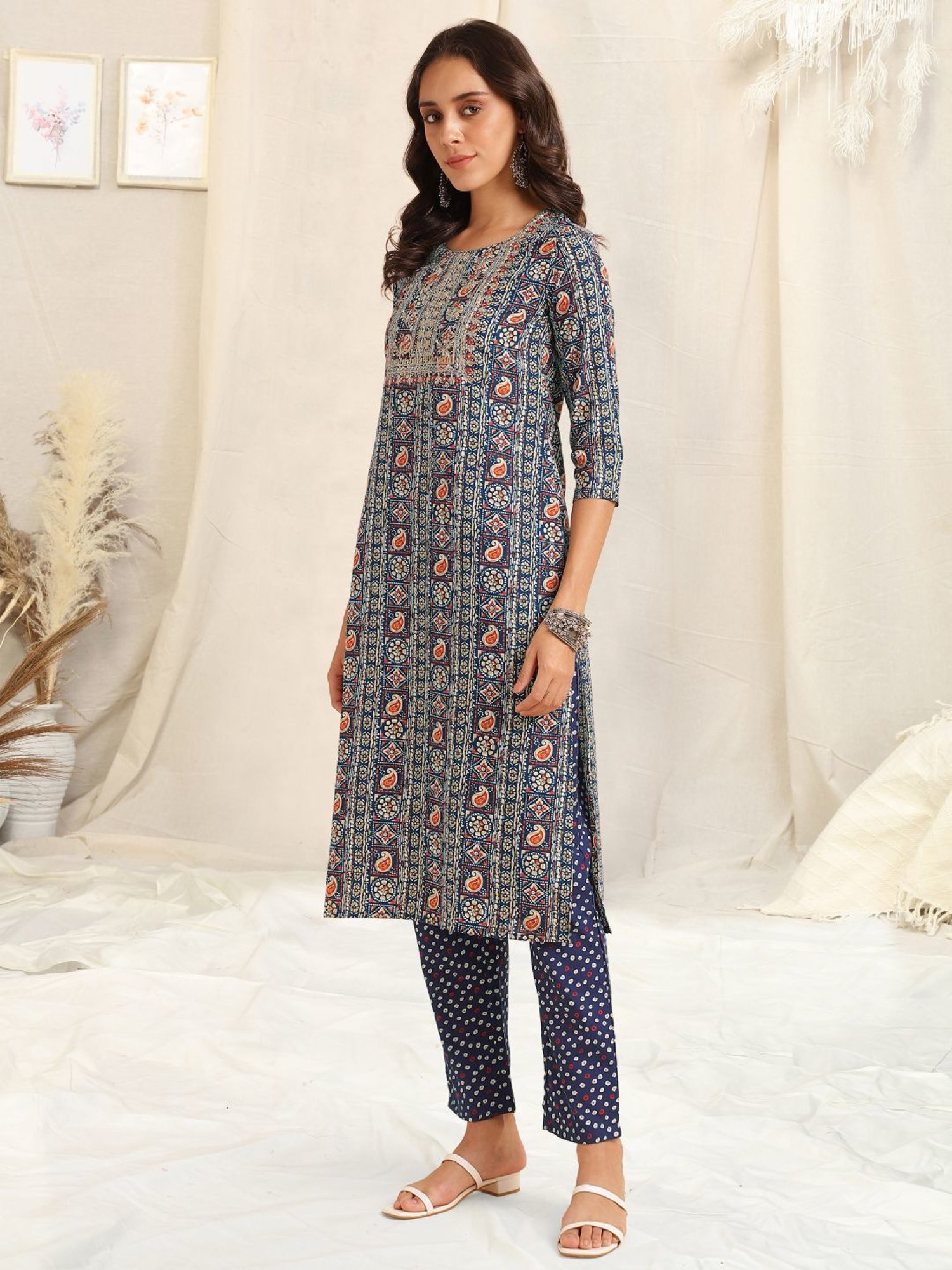 MIRCHI FASHION Blue Cotton Embroidered Kurta Pant Set With Dupatta