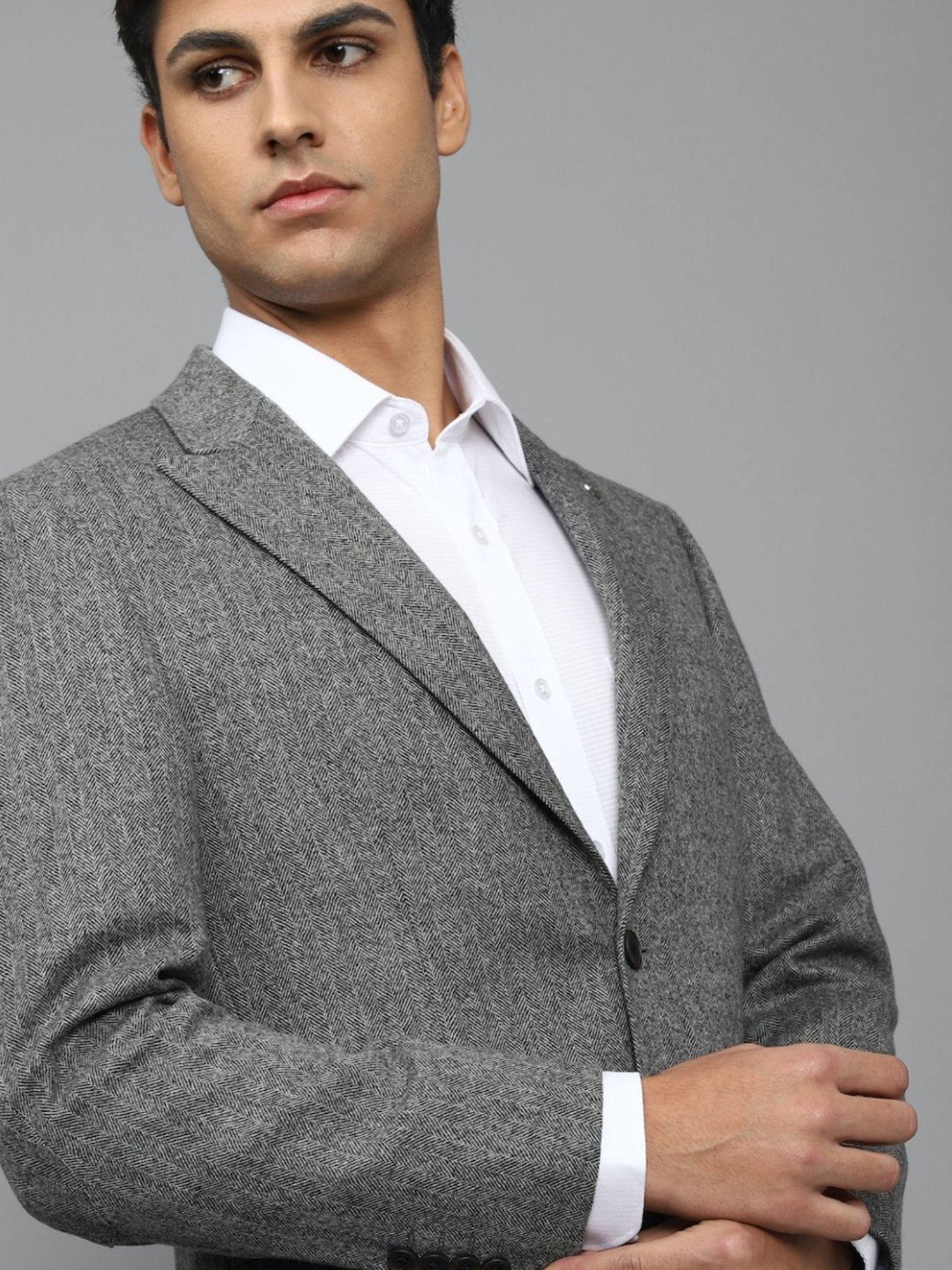 Louis Philippe Grey Regular Fit Self Pattern Blazer