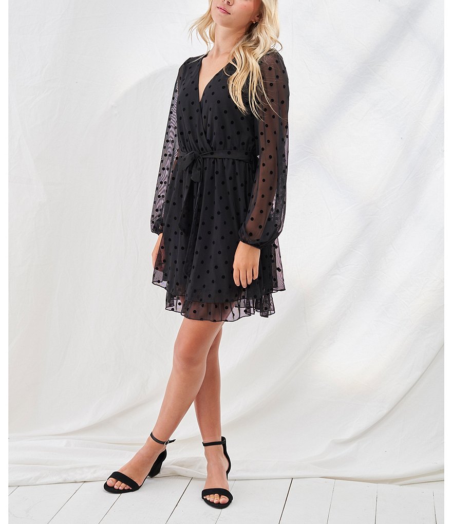 Allison & Kelly Long Sheer Sleeve Surplice Neck Flocked Dot Tiered Dress