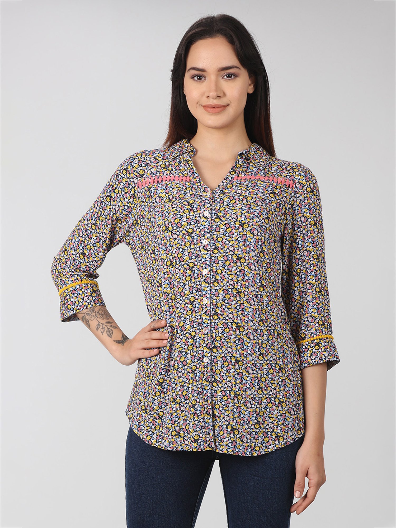 Mustard Multicolor Floral Print Shirt