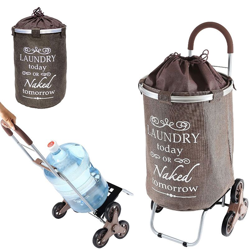 dbest products 38 Inch Stair Climber Trolley Dolly with Laundry Hamper Utility Cart with Removable Washable Liner, Brown