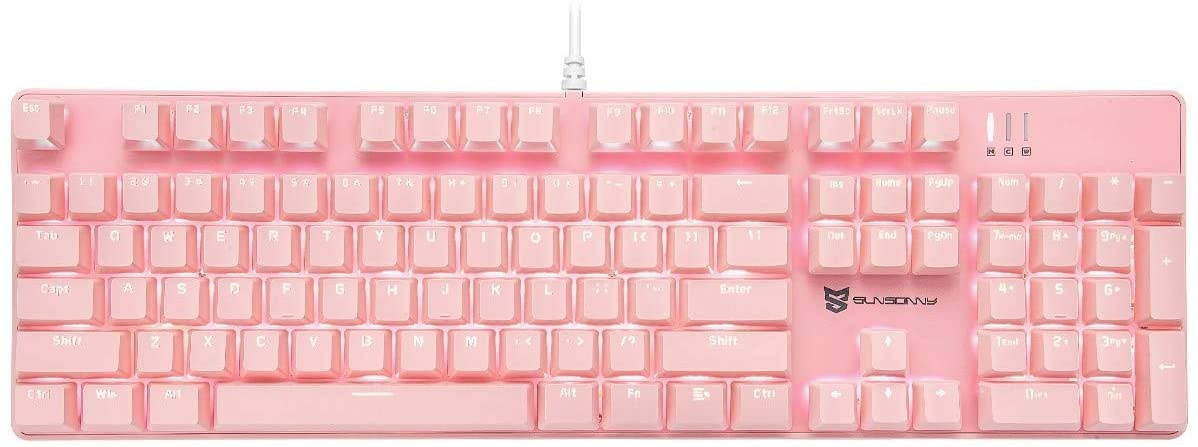 Merdia Mechanical Keyboard Gaming Keyboard with Blue Switch Wired White LED Backlit Keyboard Full Size 104 Keys US Layout(Pink)