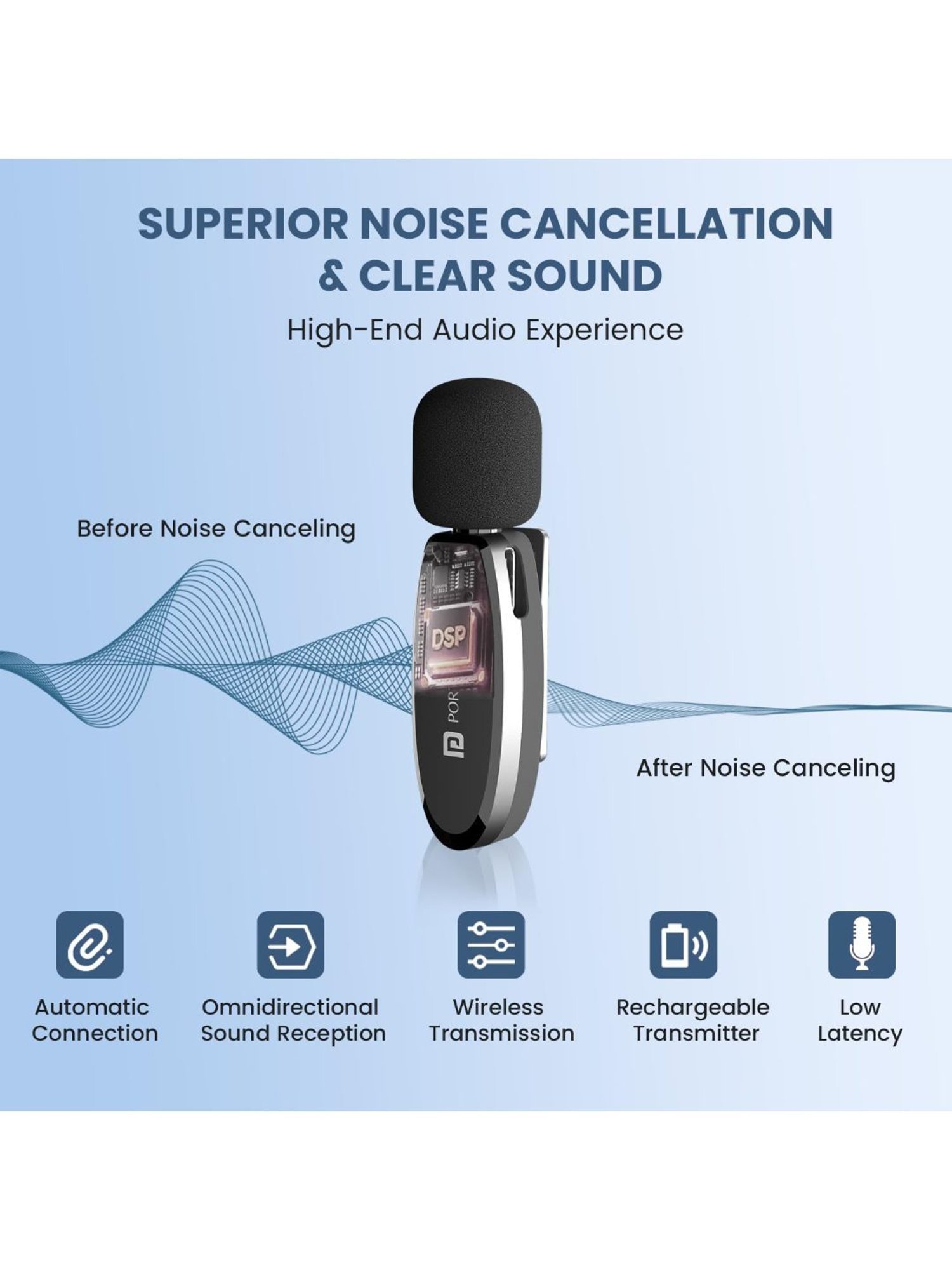 Portronics Dash 7 Omnidirectional 8 Pin Wireless Microphone with Noise Cancellation (Black)