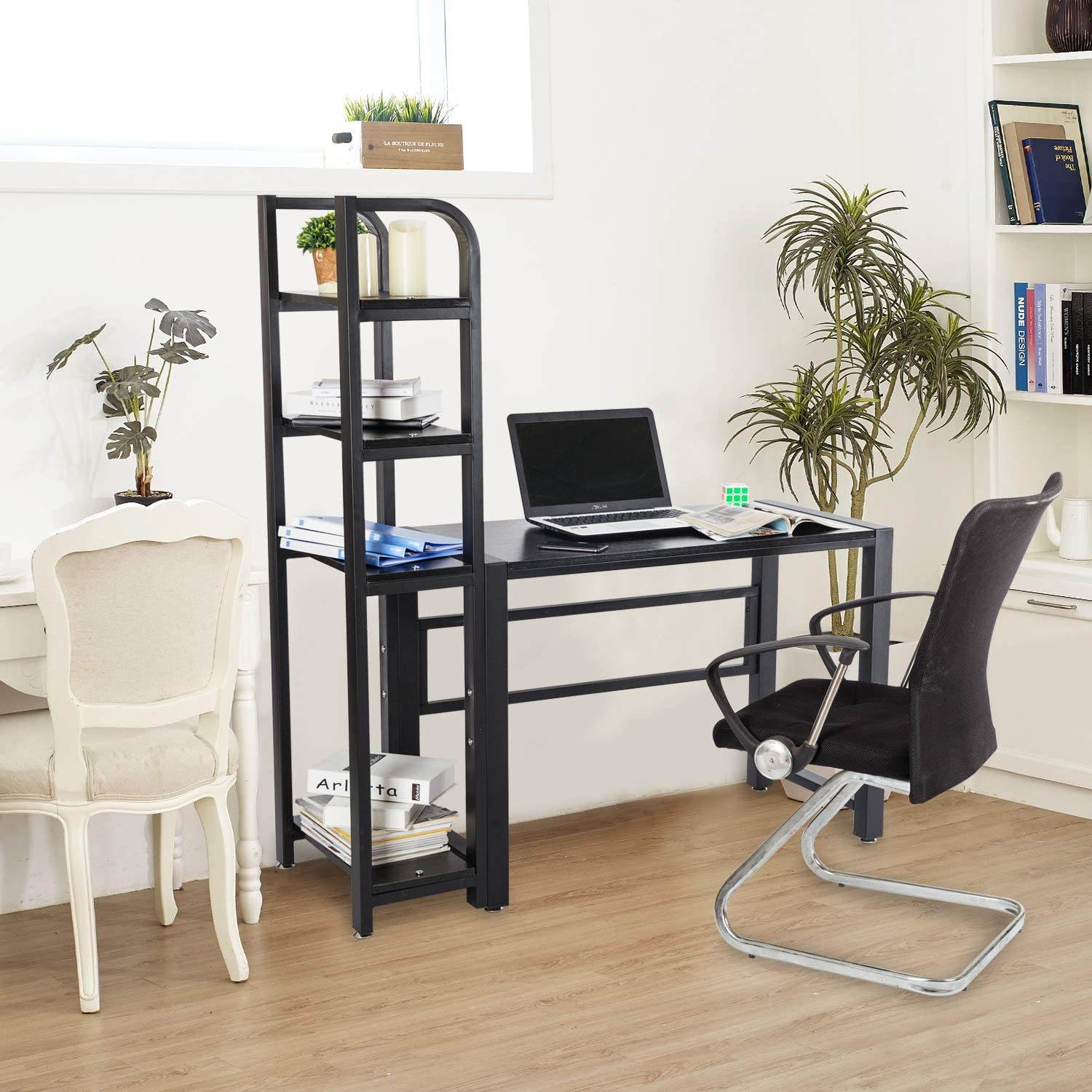 Home Office Desk Computer Desk Writing Table Gaming Desk with 4 Tier Shelves