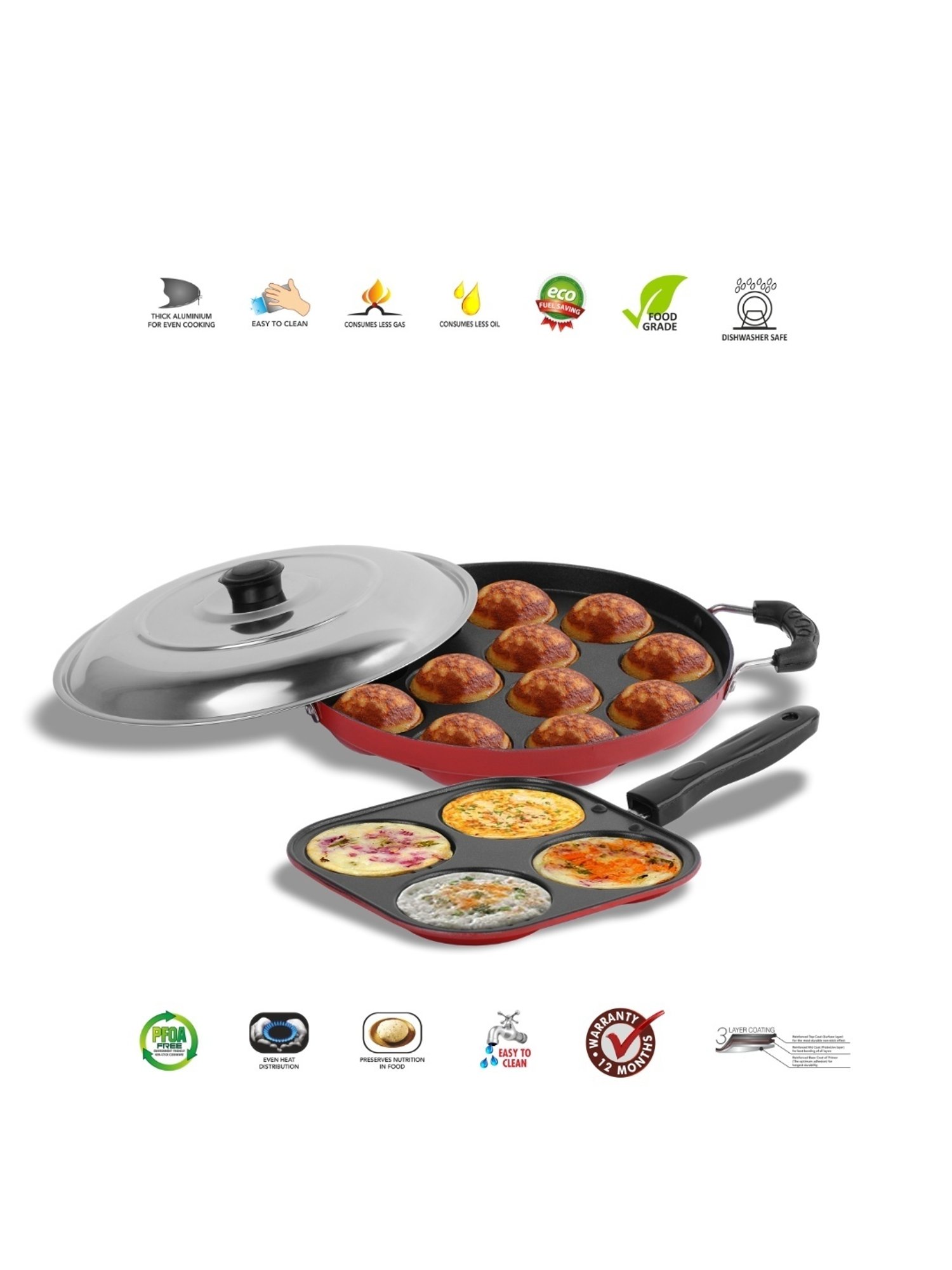 Sumeet NonStick 2pc Cookware Set of 2.6mm Thick(Mini Multi Snack Maker + Grill Appam Patra With Lid)