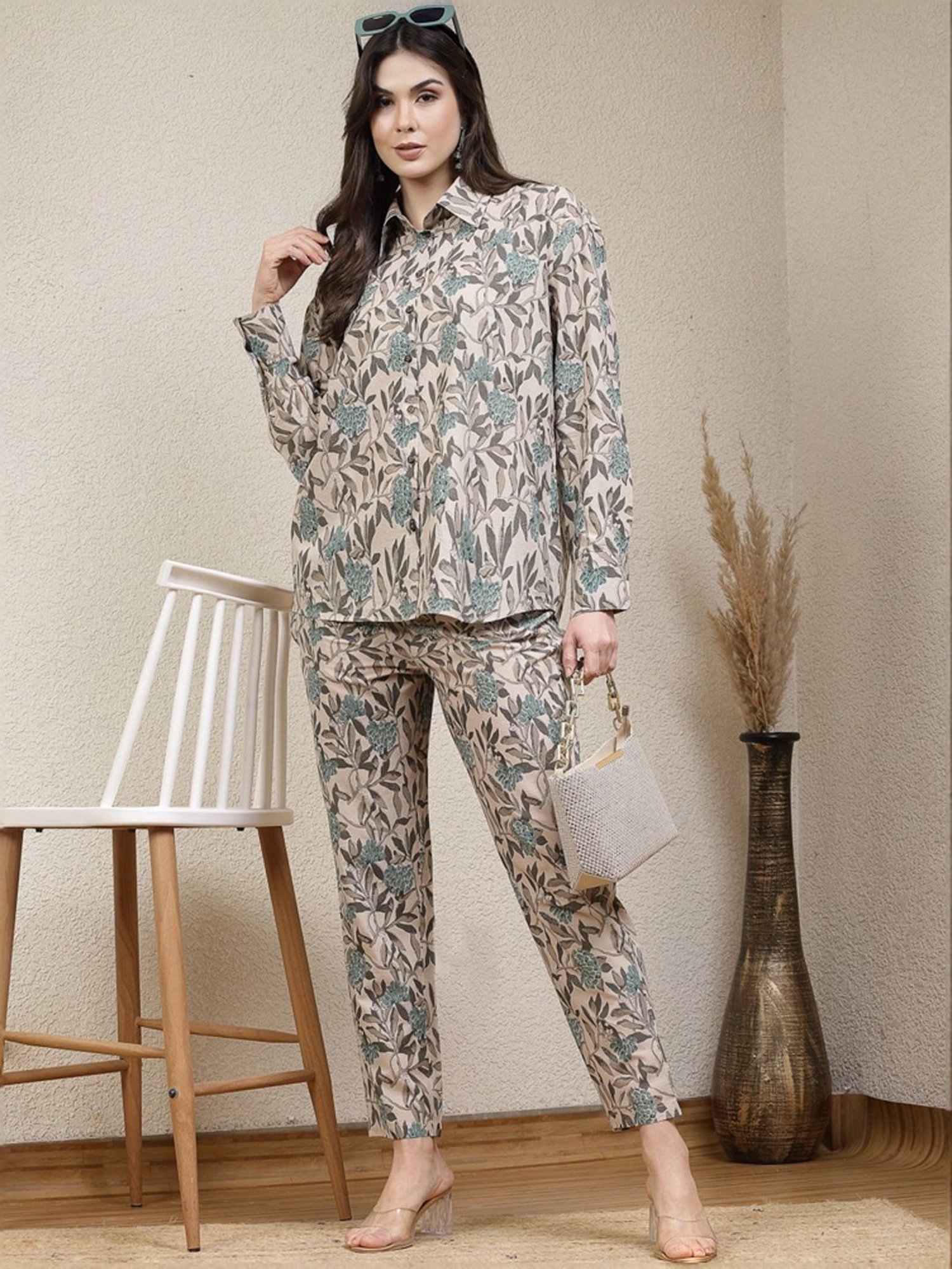 Stylum Beige & Green Floral Print Top & Pants Set