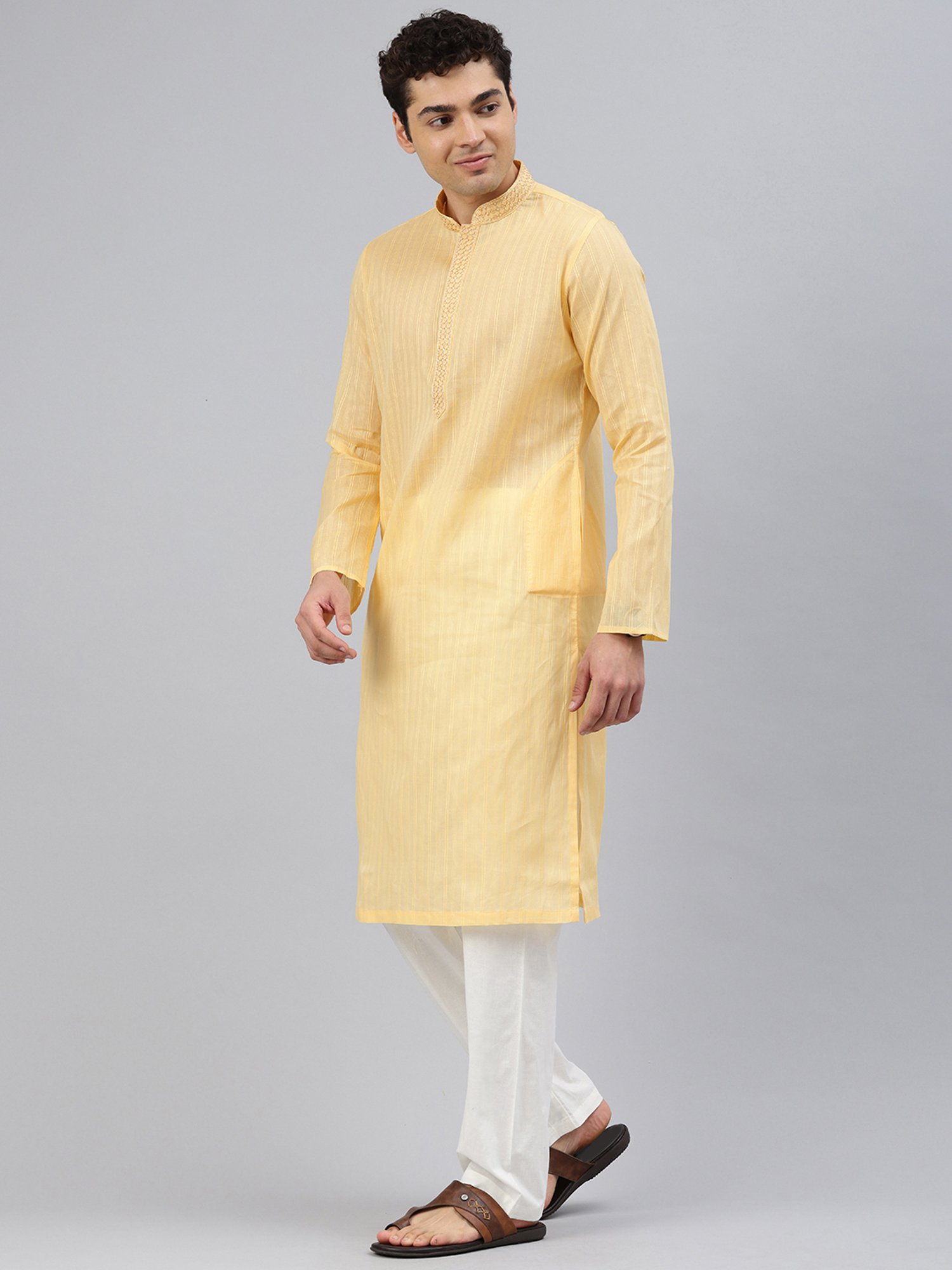 Manthan Yellow & White Regular Fit Striped Kurta & Pyjamas Set