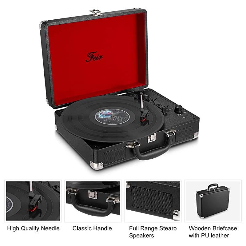 Stereo Black Record Player 3 Speed Portable Turntable Suitcase Built in 2 Speakers RCA Line Out AUX Headphone Jack PC Recorder
