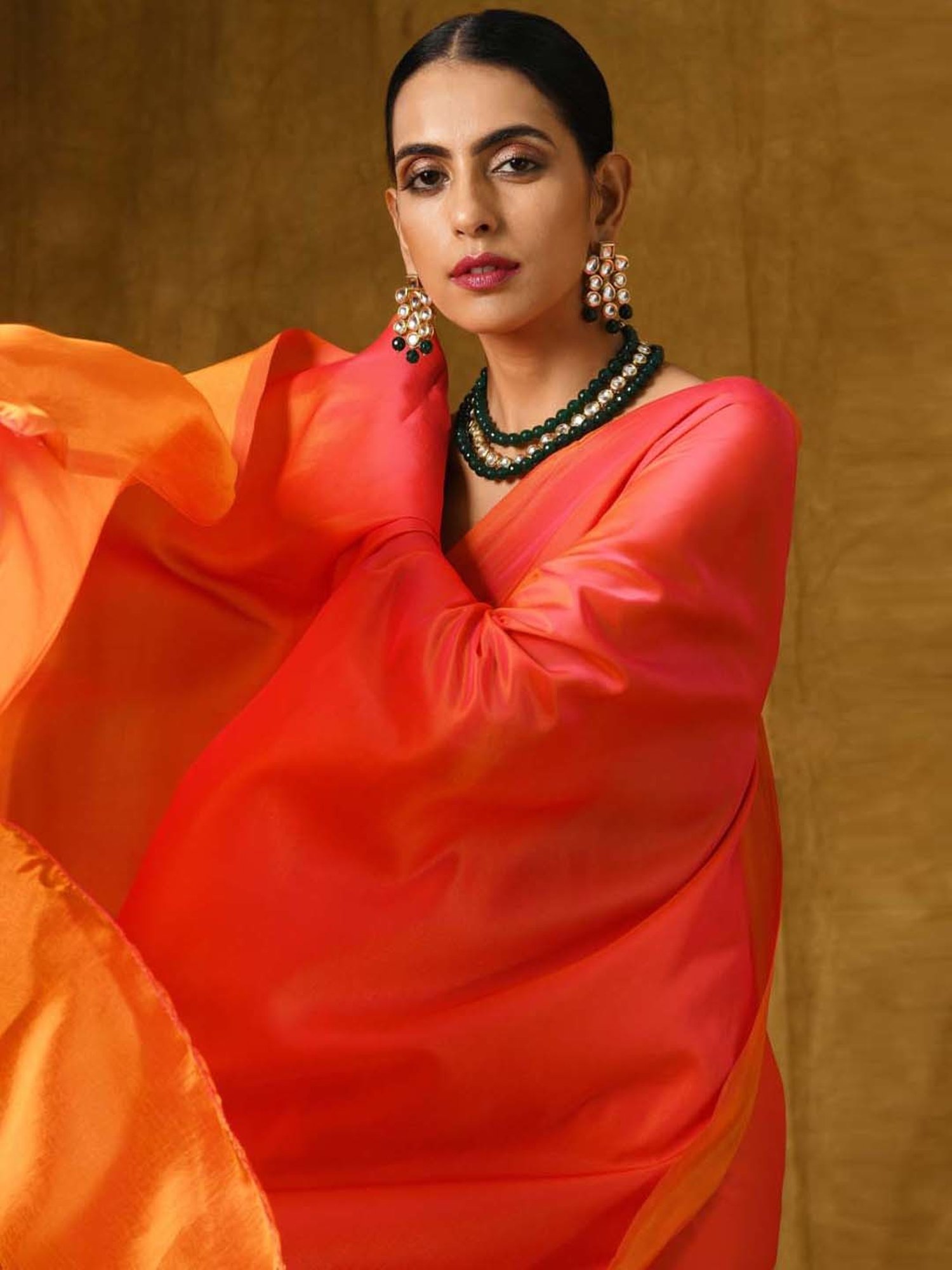 Swtantra Pink & Orange Satin Saree