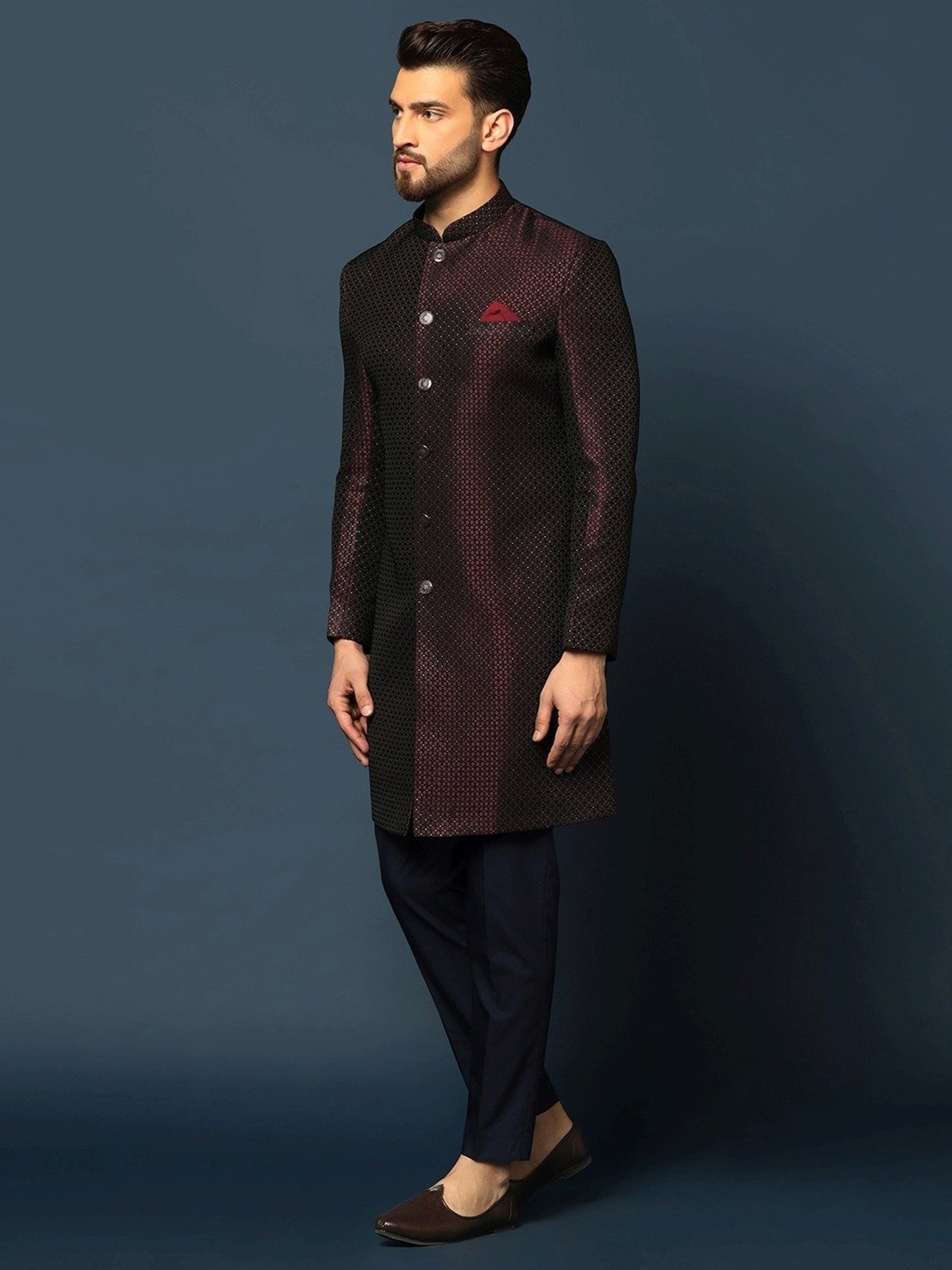 Hangup Plus Beige & Black Regular Fit Printed Sherwani Set