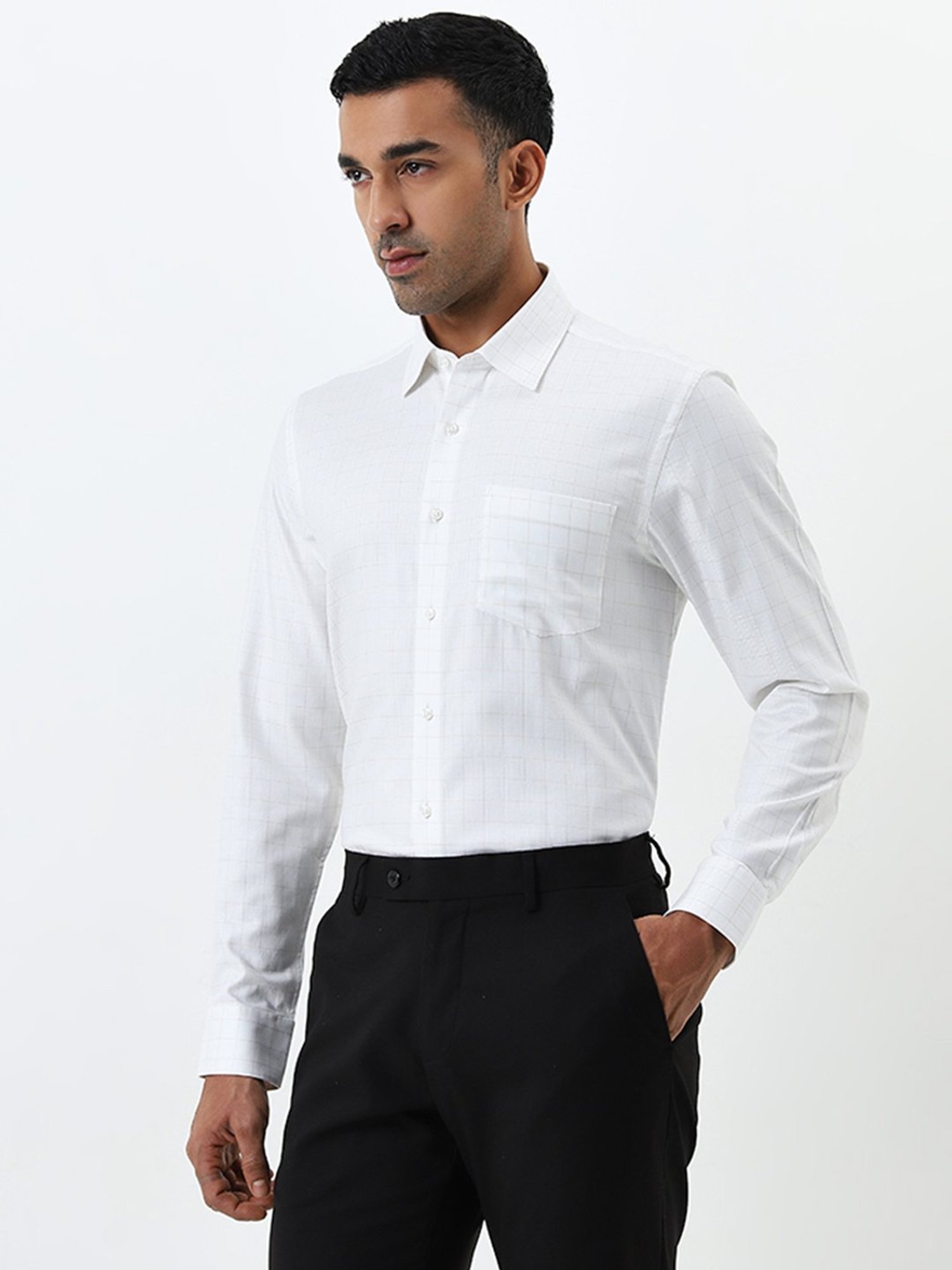 WES Formals by Westside White Checkered Slim-Fit Cotton Shirt