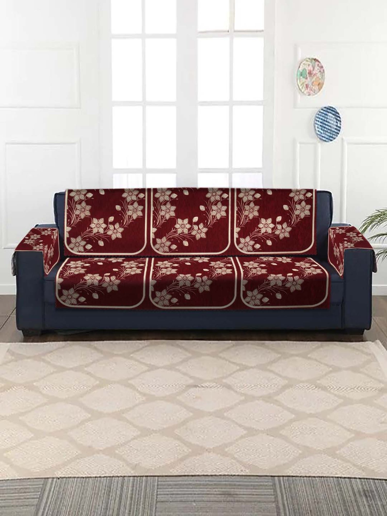 HOSTA HOMES Maroon & Beige Velvet Sofa Cover With Arm Rest - Set of 16