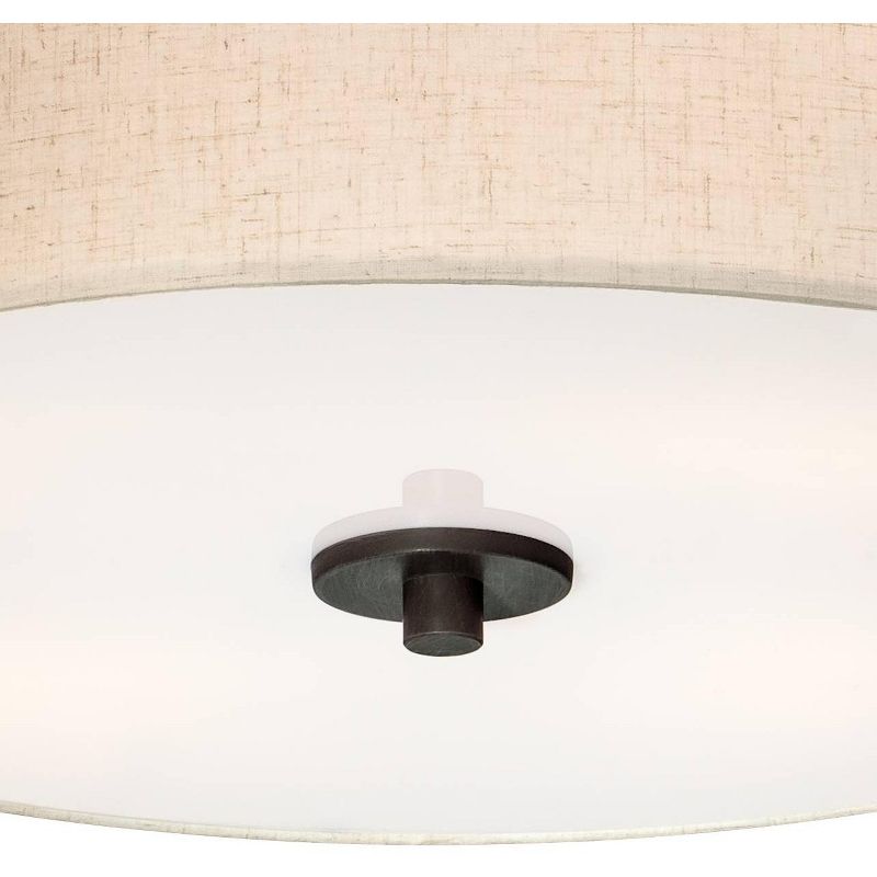 Regency Hill Modern Ceiling Light Flush Mount Fixture Bronze 18" Wide Off White Oatmeal Fabric Drum Shade Bedroom Kitchen Hallway