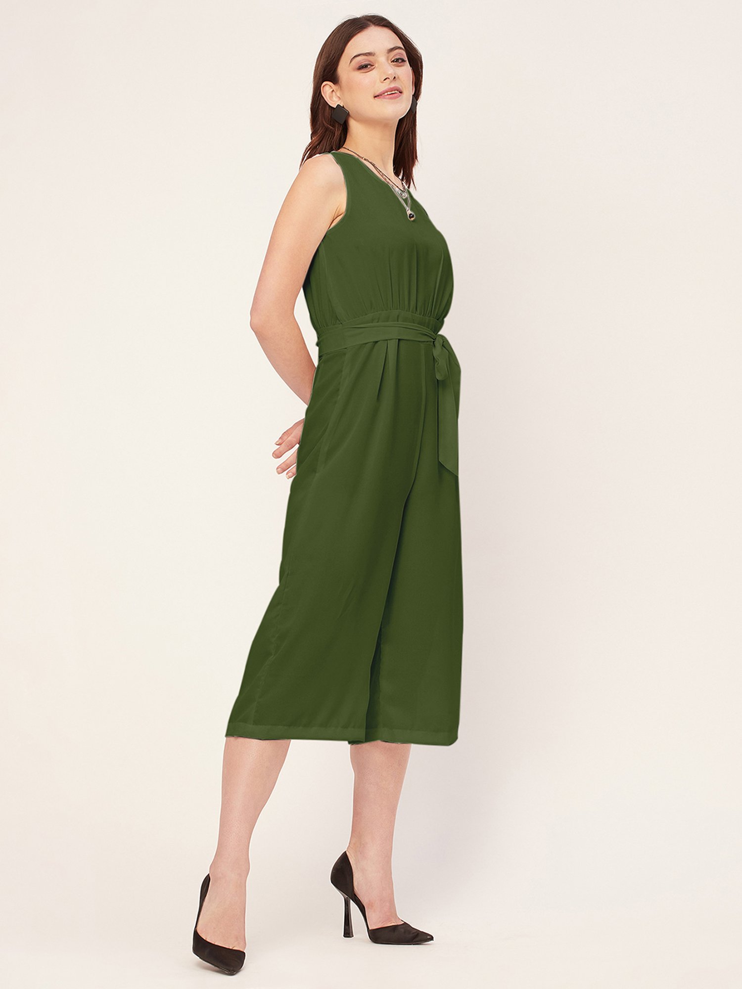 Moomaya Olive Georgette Midi Jumpsuit