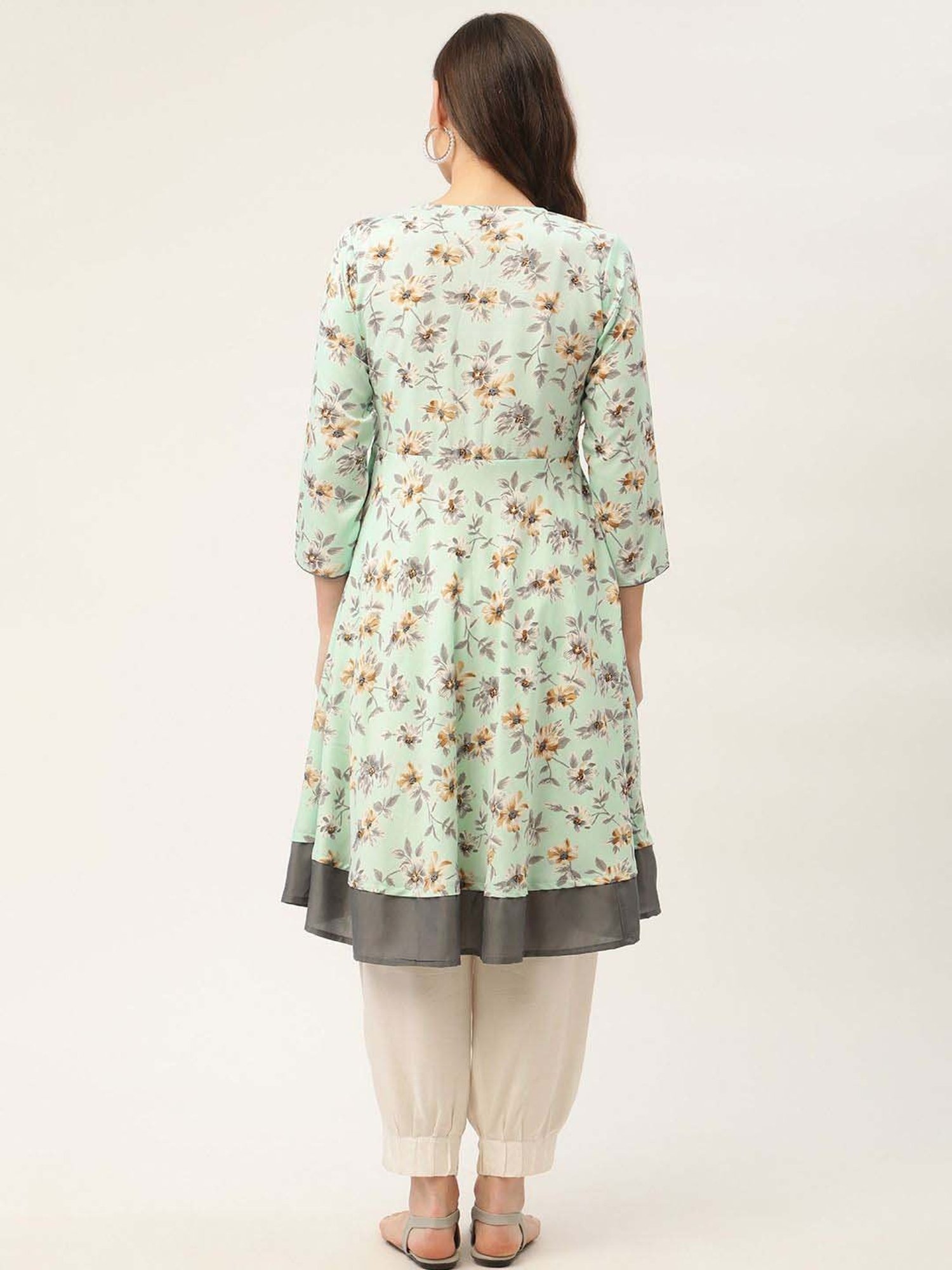 Jompers Green Pure Cotton Floral Print Flared Kurta