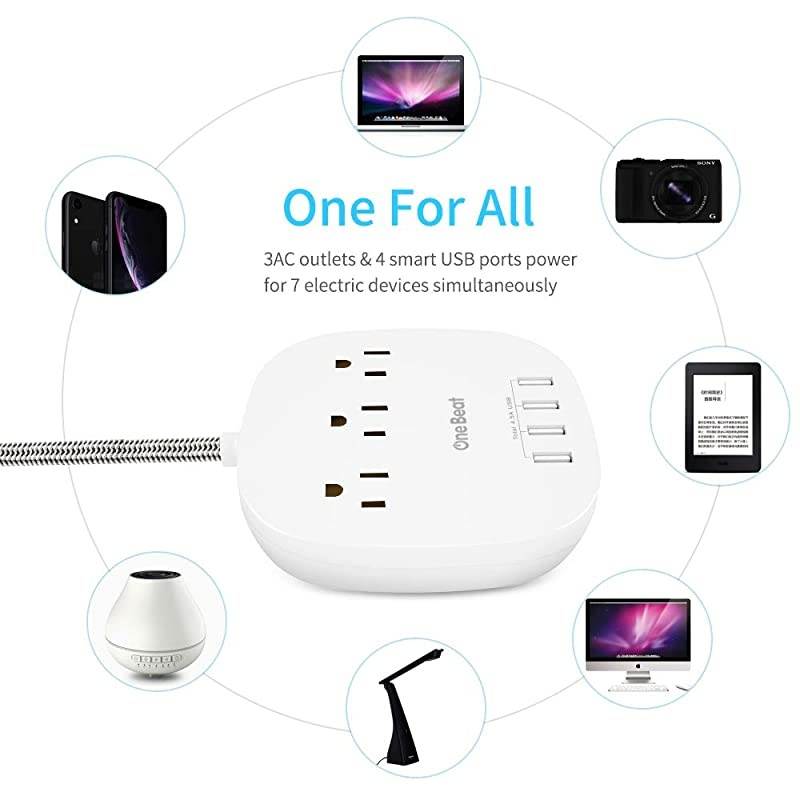 Strip 2 Pack, Desktop Charging Station with 3 Outlet 4 USB Ports 4.5A, Flat Plug, 5 ft Long Braided Extension Cord for Cruise Ship Travel Home Office, ETL Listed, White