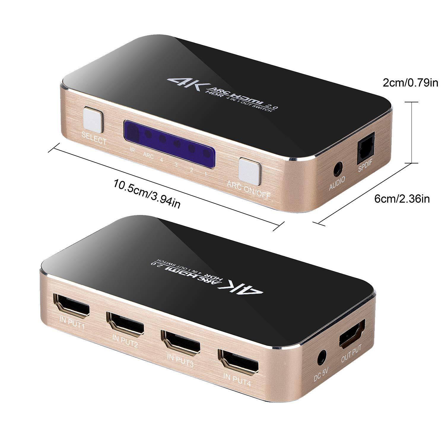 HDMI Switch with Audio Extractor, 4K@60Hz 4 Port 4 in 1 Out HDMI Switcher with Optical TOSLINK SPDIF, 3.5mm Audio Jack Support ARC Function, 1080P @120Hz, 4Kx2K@60Hz HDTV (IR Wireless Remote Control)