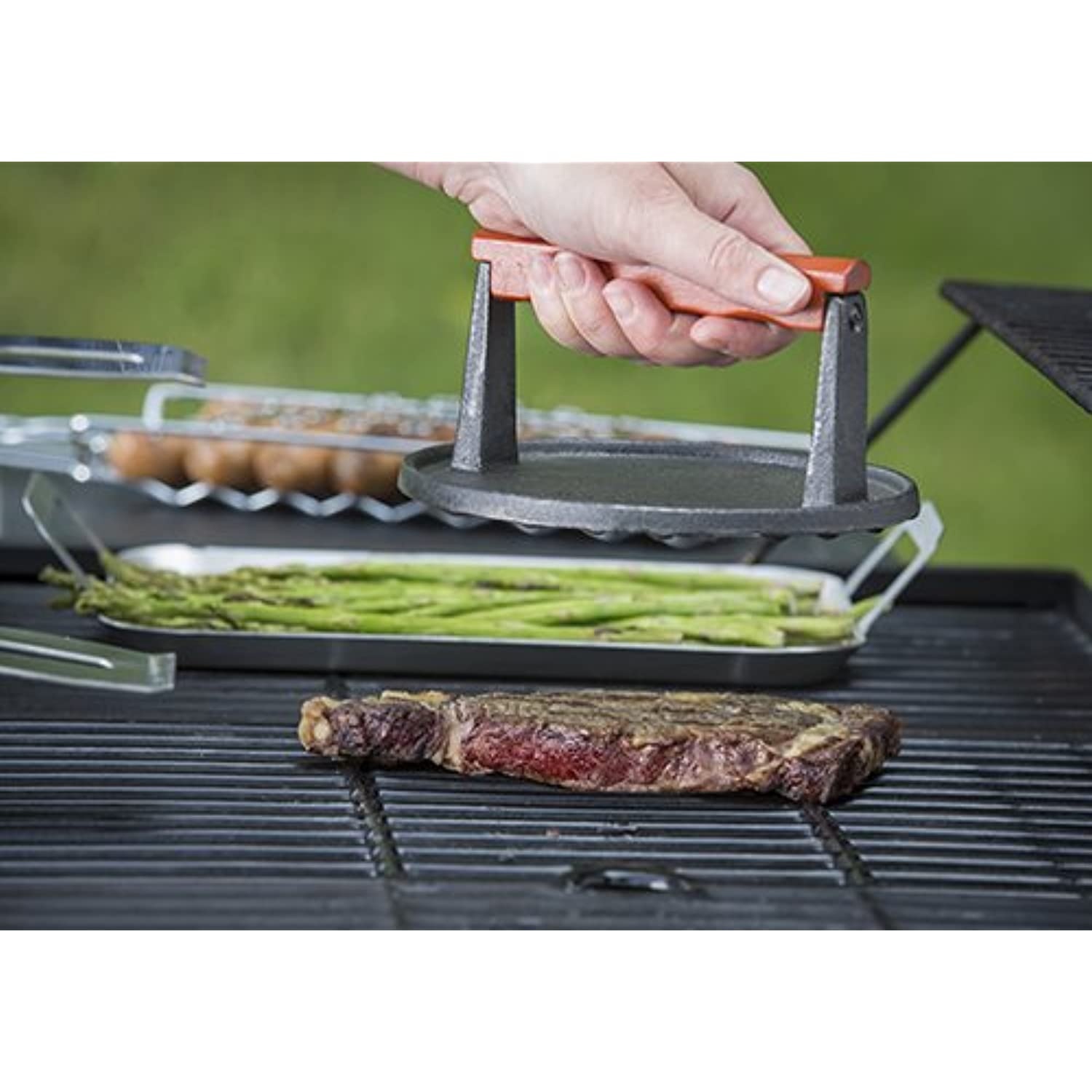 TableCraft BBQ3015 BBQ Coated Cast Iron 7-Inch Round Steak Weight with Wood Handle, Small, Black