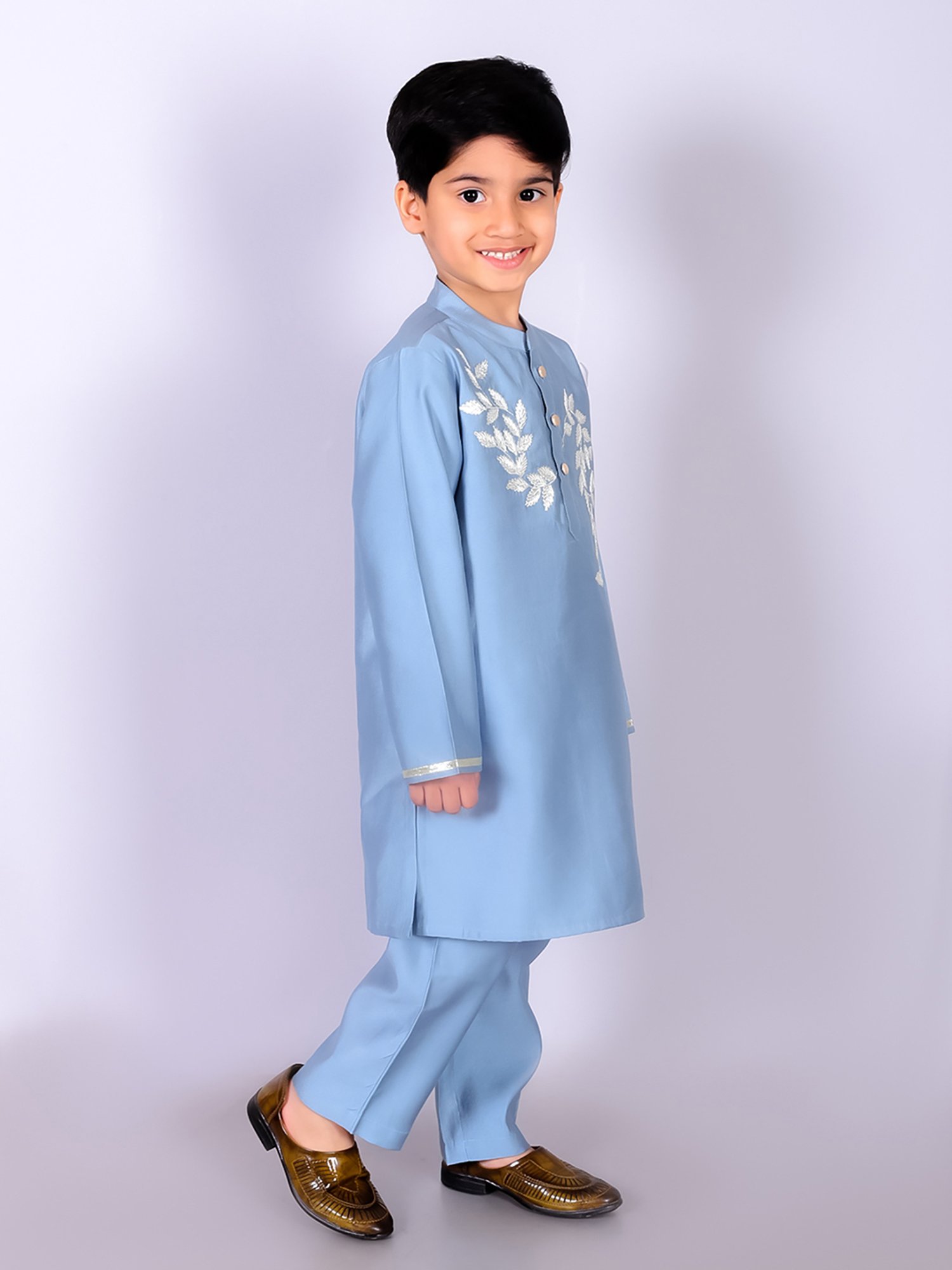Lil Drama Kids Blue Embroidered Full Sleeves Kurta with Pants