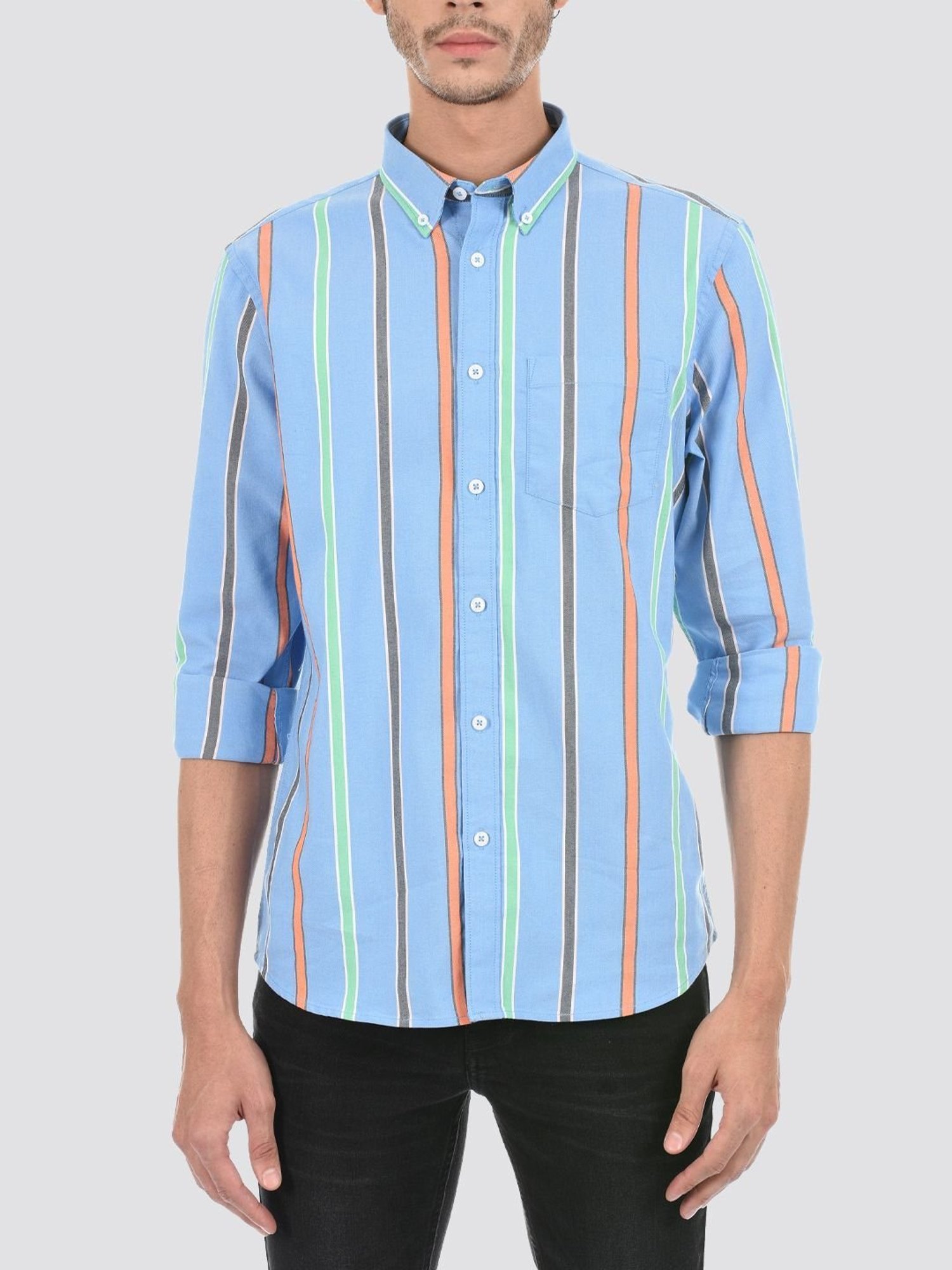 London Fog Blue Regular Fit Striped Shirt