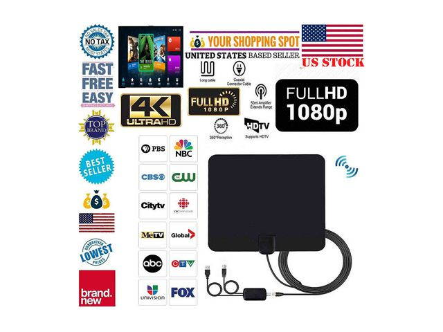 Antenna TV Digital HD 200 Mile Range Skywire TV Indoor 1080P 4K 16ft Coax Cables