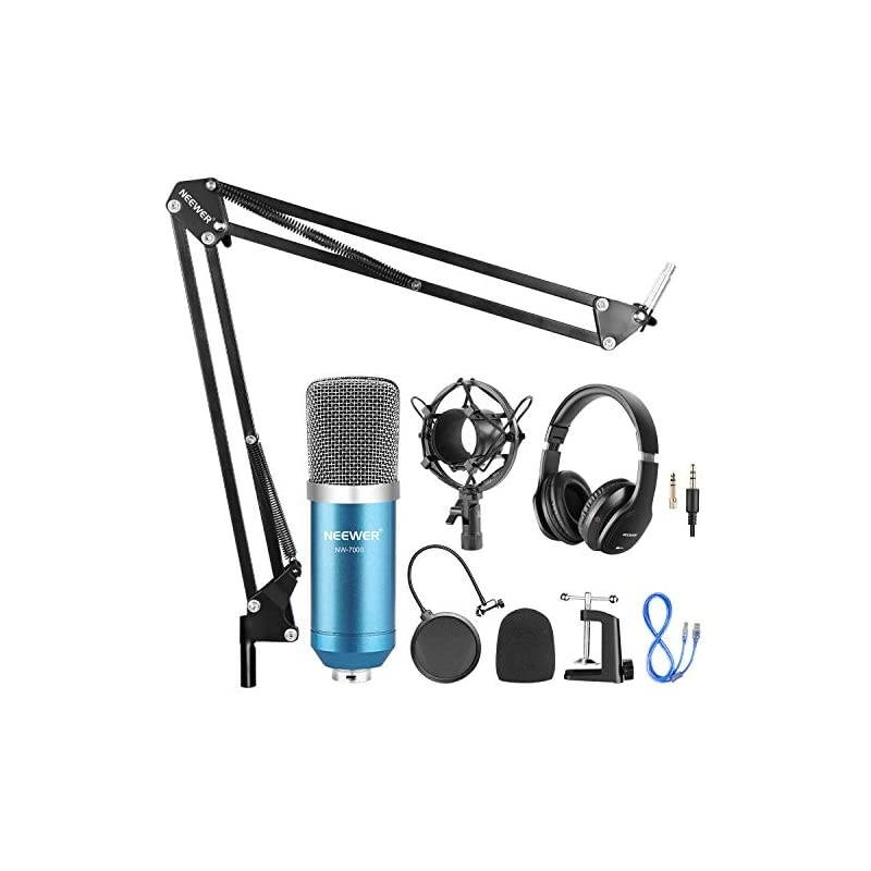 USB Microphone with Suspension Scissor Arm Stand Shock Mount Monitor Headphone Pop Filter USB Cable and Table Mounting Clamp Kit for Sound Recording for Windows and Mac BlueSilver