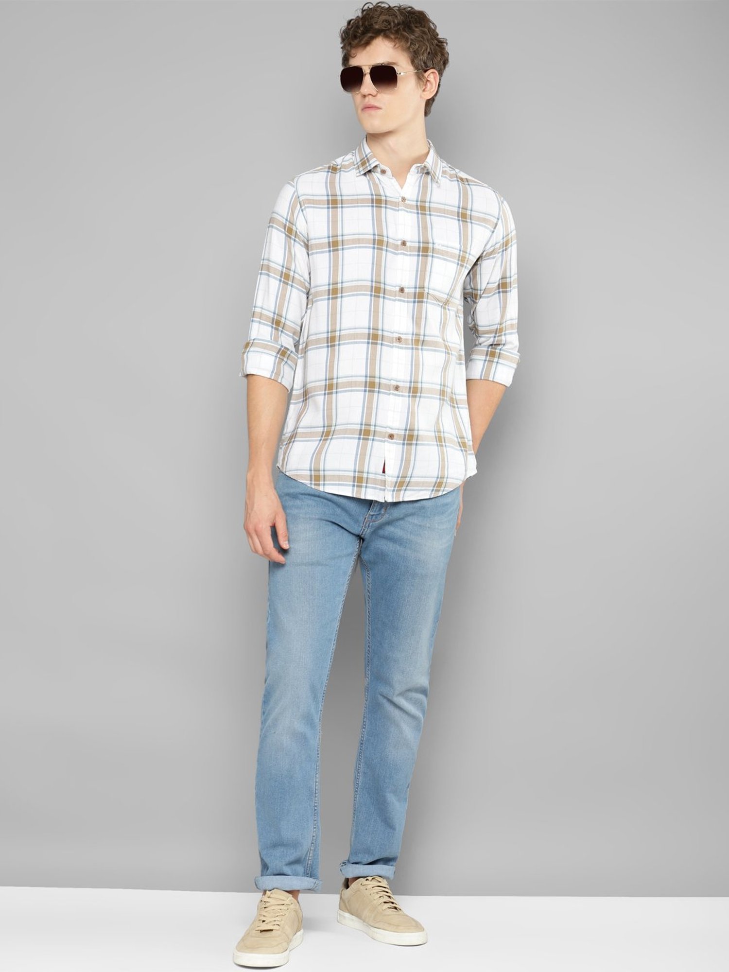 Allen cooper White Regular Fit Check Cotton Shirt