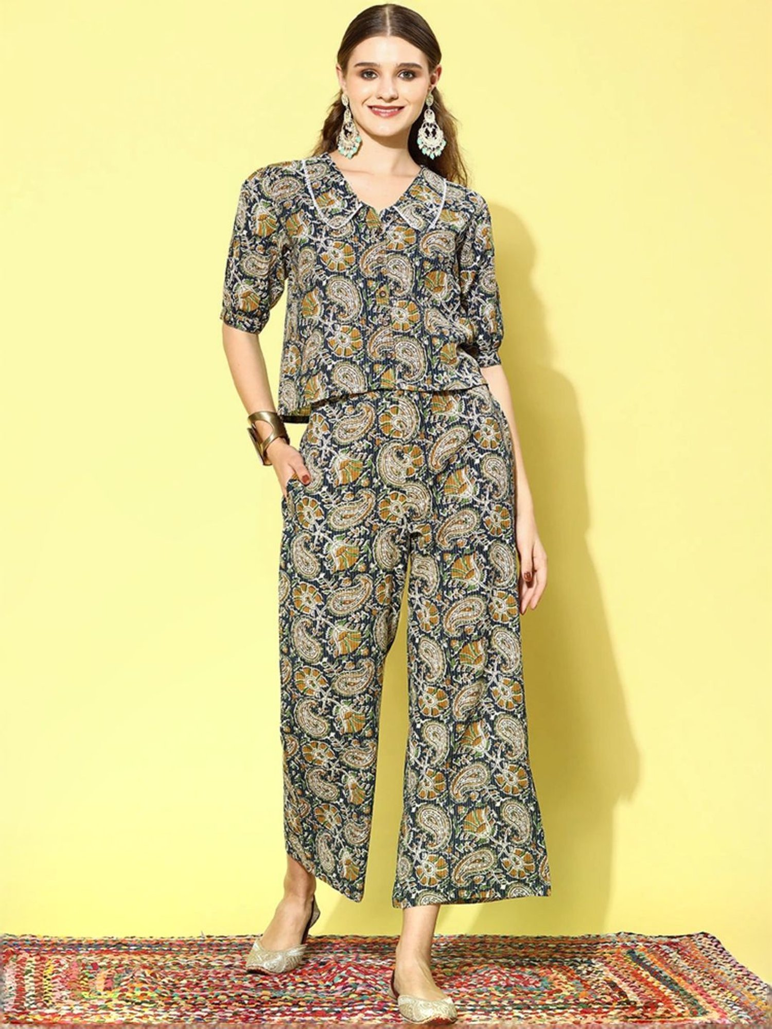 Stylum Yellow & Green Cotton Paisley Print Top & Pants Set
