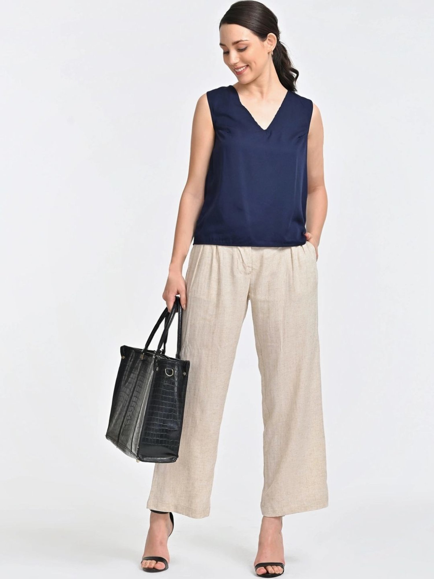 Saltpetre Indigo V Neck Top With Beige Trousers Co-ords Set