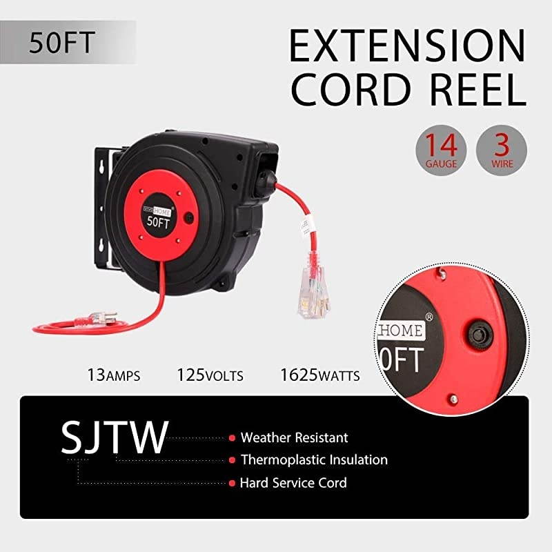 Heavy Duty 50 Feet Retractable Extension Cord Reel with Ceiling Wall Mount Swivel Bracket and LED Light Connector ETL Certified