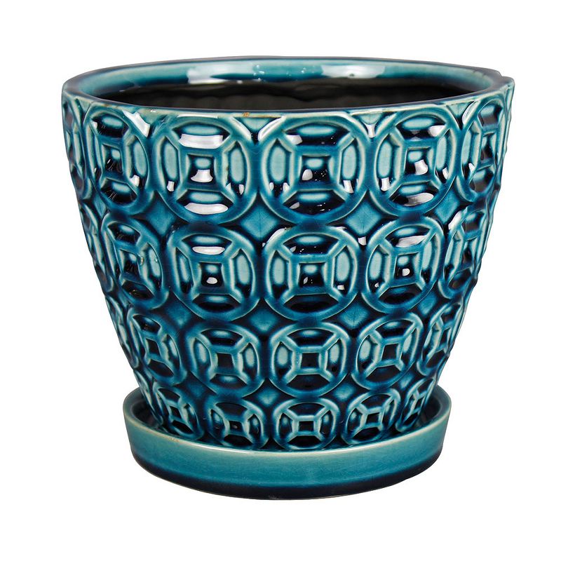 Southern Patio 12 Inch Ceramic Clay Mayer Flower Planter & Saucer Tray, Seafoam