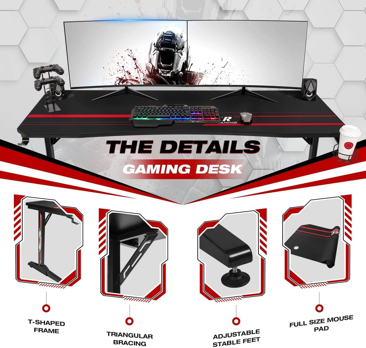 Devoko 55 Inch Gaming Desk T-Shaped PC Computer Table with Free Mouse Pad Carbon Fibre Surface Home Office Desk Gamer Table with Game Handle Rack Headphone Hook and Cup Holder (Black)