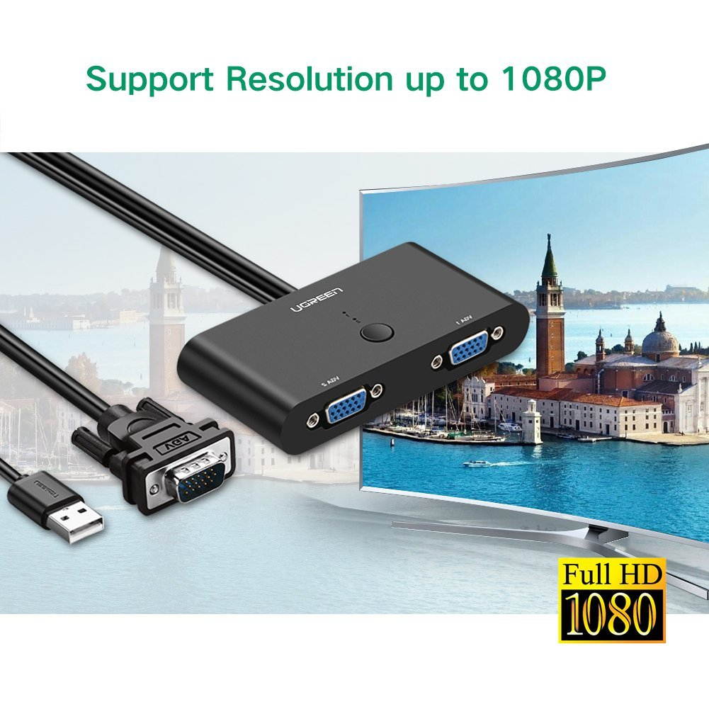 VGA Switch Box 2 Port SVGA Audio Video Switcher 2 Hosts IN 1 Monitor OUT with Manual Switch Button Support Resolution up to 1920 x 1440 for PC Sharing or Switching