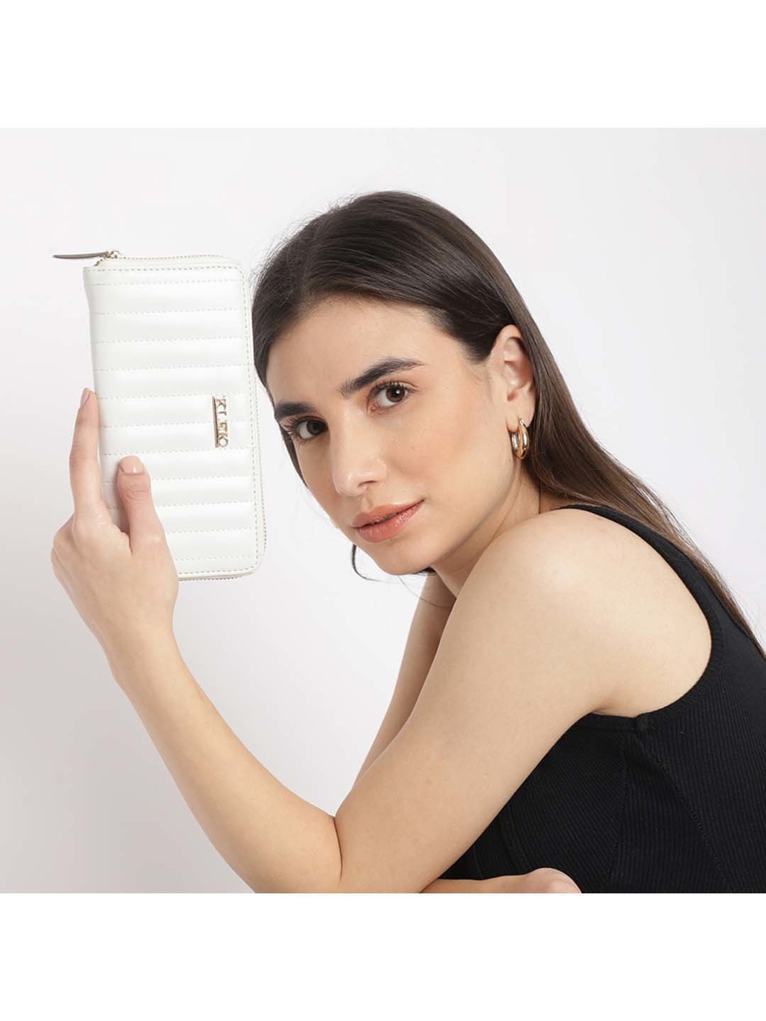 KLEIO White Quilted Zip Around Wallet for Women