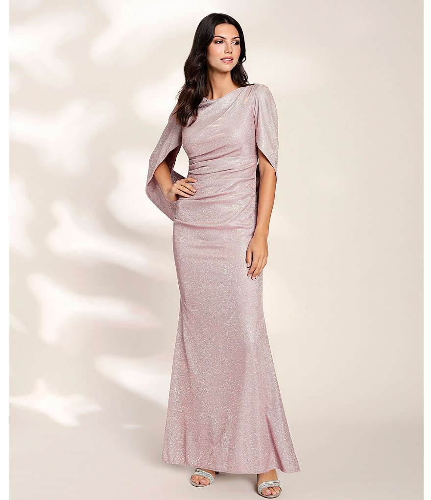 Betsy & Adam Drape Back Cowl Neck Galaxy Glitter Sheath Gown
