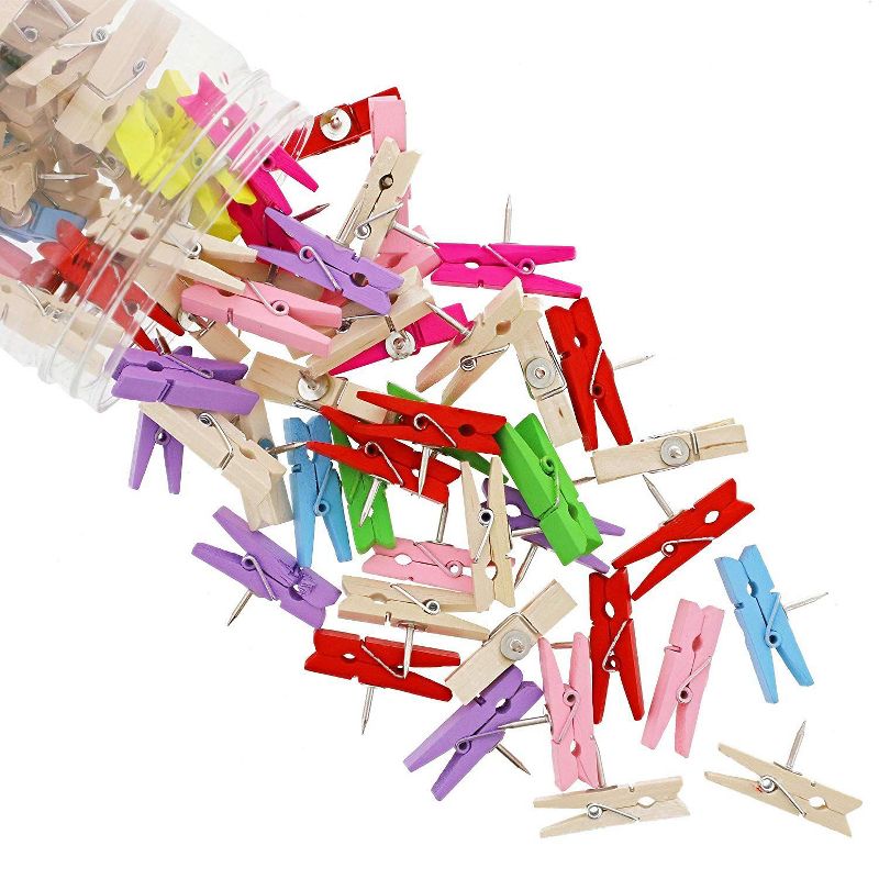 80-Count Juvale Mini Wooden Pushpins Clips, Clothes Pins Thumbnails Decorate Photos on Cork Boards Bulletin Board for Office Home Postcards, Colorful