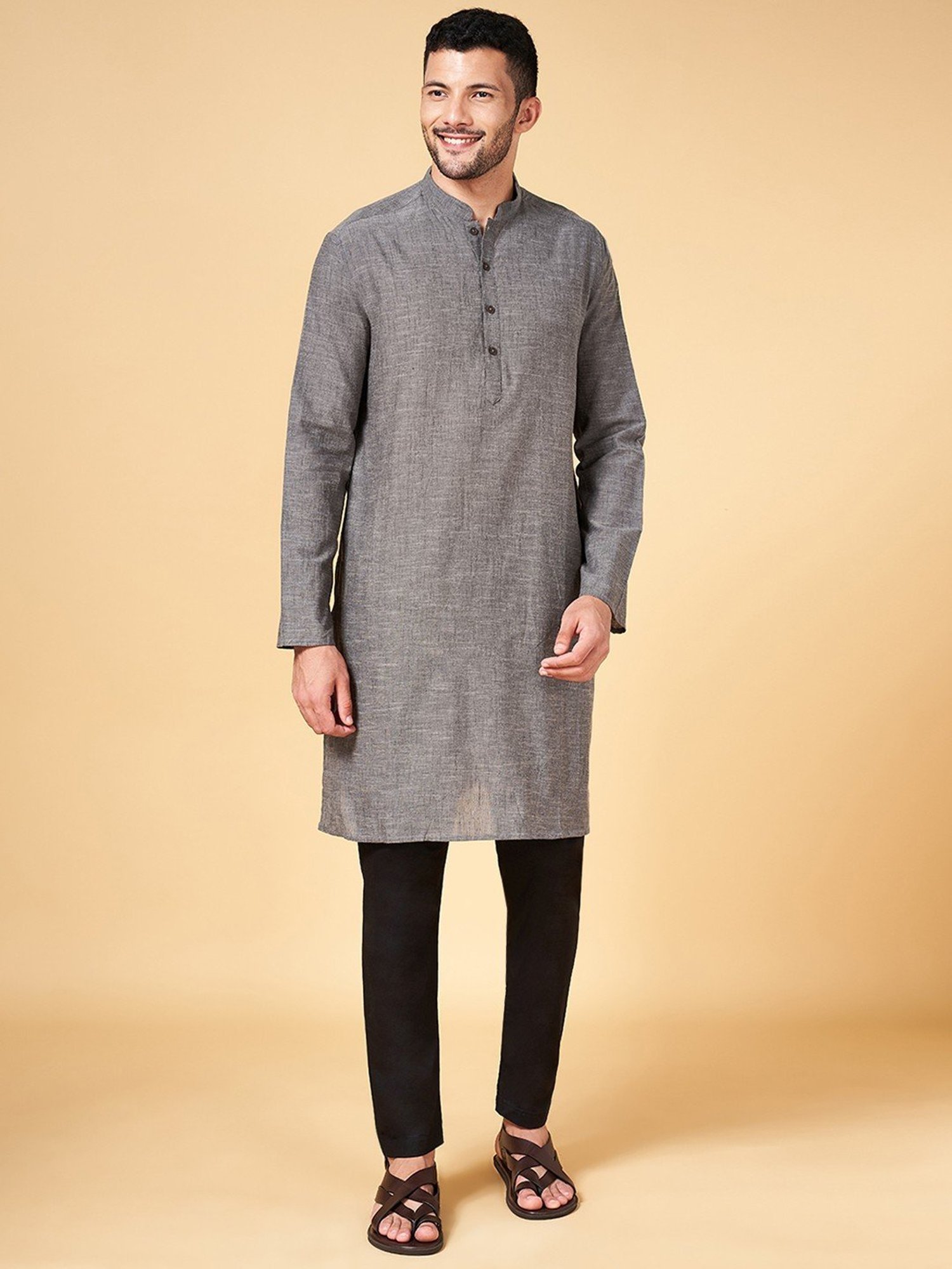 Indus Route by Pantaloons Grey Cotton Regular Fit Kurta