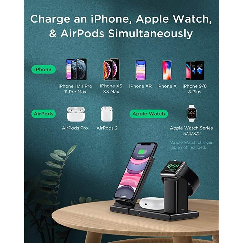 3-in-1 Wireless Charging Station, 15W for iPhone/AirPods/Apple Watch, Fast Wireless Charging Stand for iPhone 12/Mini/Pro/Pro Max/11/XR/XS/X, Apple Watch 2/3/4/5, AirPods Pro (No Adapter)