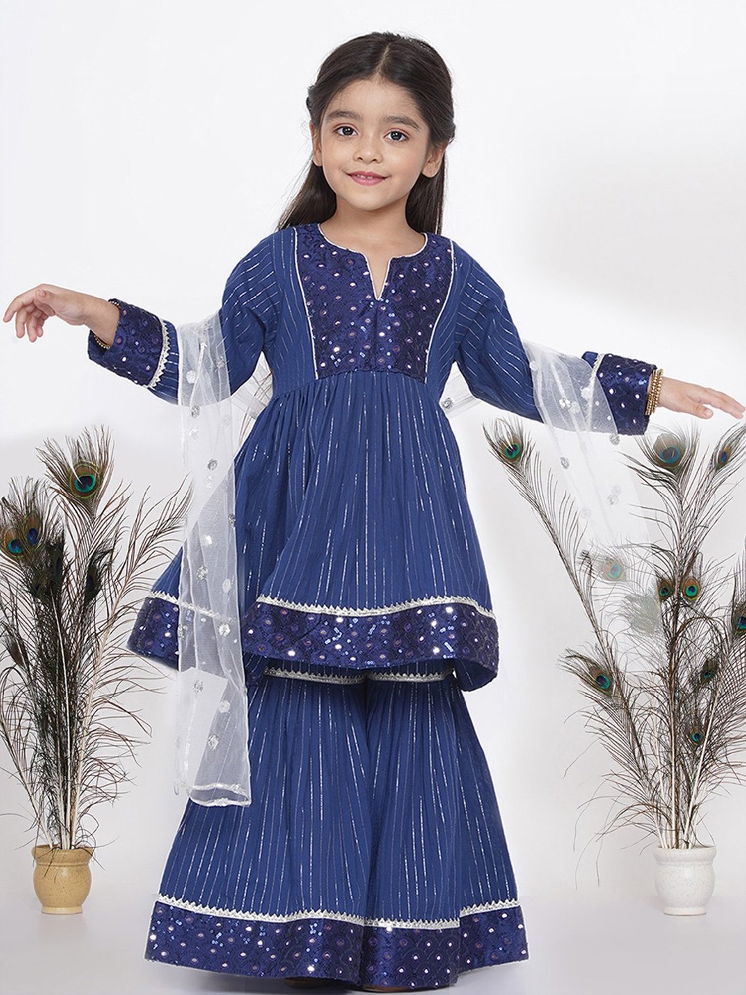 Little Bansi Kids Blue & white Cotton Sequence Full Sleeves Kurta Set