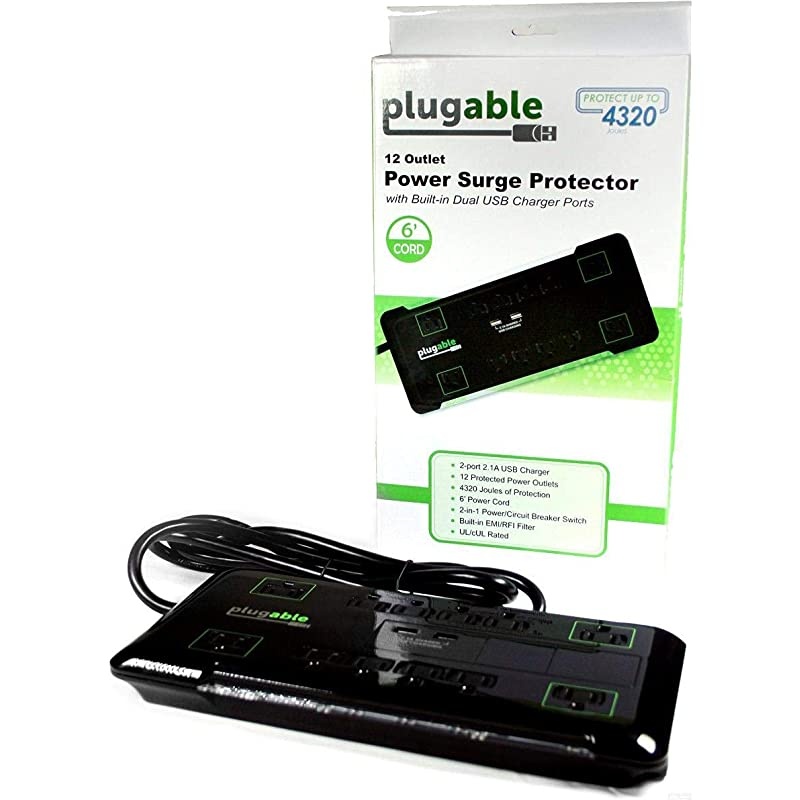 Surge Protector Power Strip with USB and 12 AC Outlets Builtin 105W 2Port USB Charger for Android Apple iOS and Windows Mobile Devices 6 Foot Extension Cord