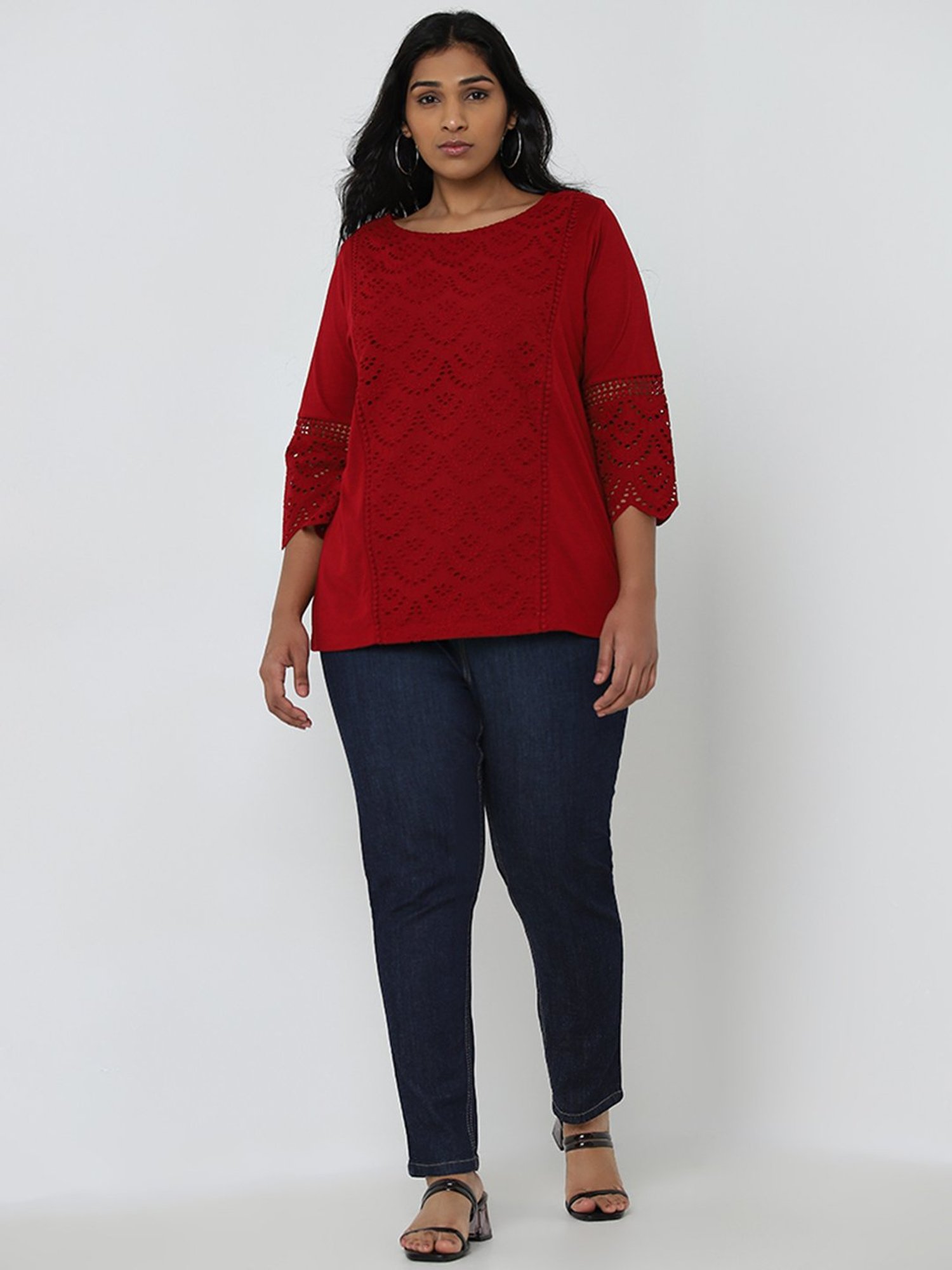 Gia by Westside Red Schiffli Design Cotton Blouse
