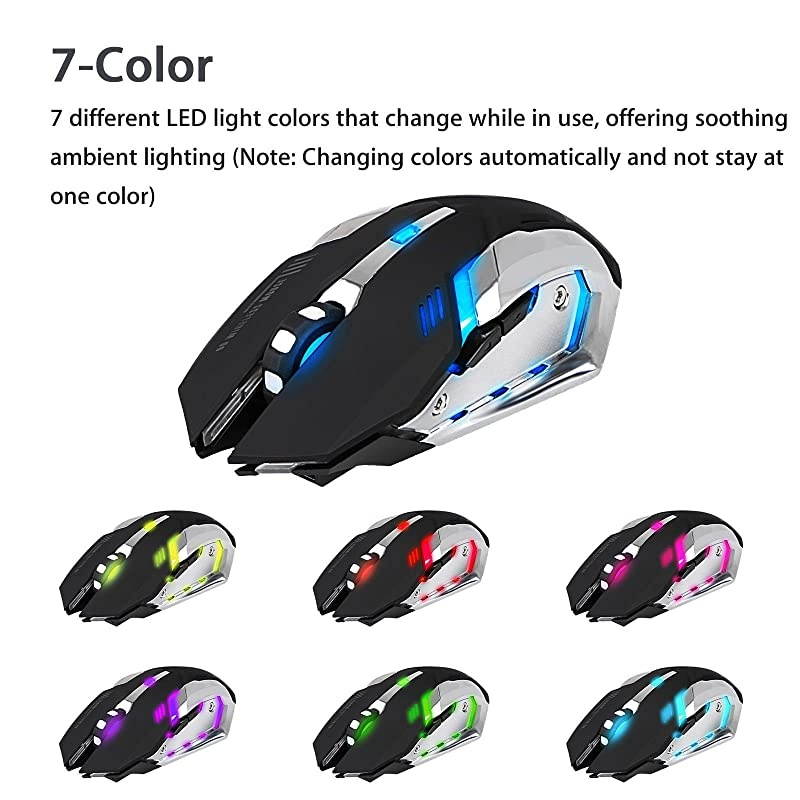 Wireless Optical Gaming Mouse wUSB Receiver 7 Color Changing Wireless Laptop Mouse Rechargeable Game Mice with 4 Adjustable CPI Levels for PC Laptop Computer Gaming Players