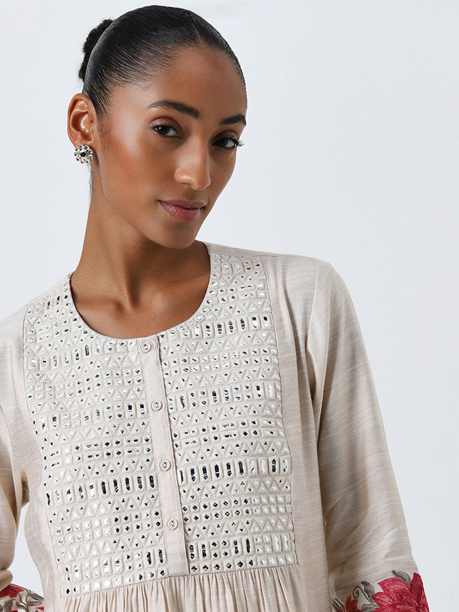 Zuba by Westside Beige Embellished A-Line Kurta
