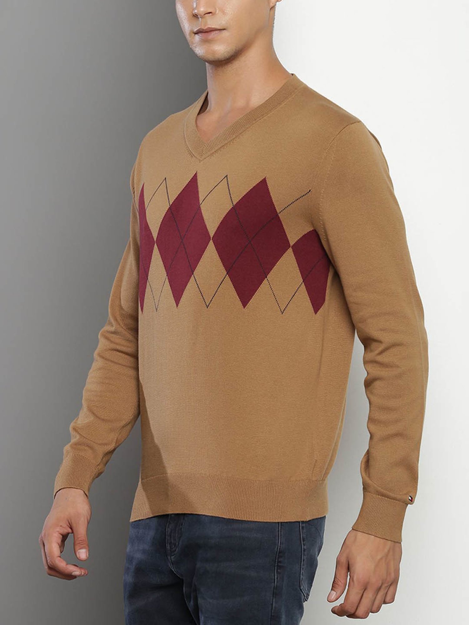 Tommy Hilfiger Brown Cotton Regular Fit Self Pattern Sweater