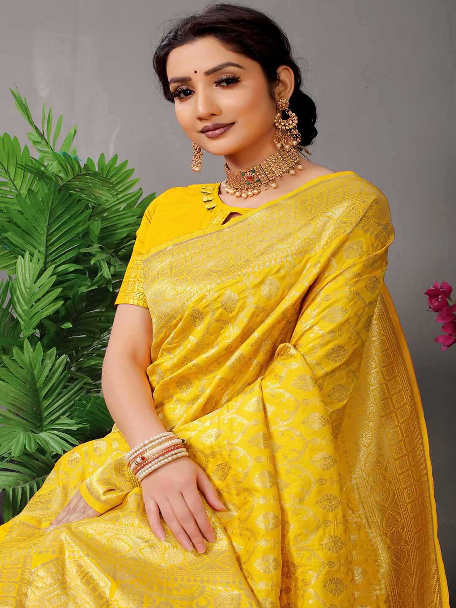 SHUBHKALA Yellow Silk Woven Saree With Unstitched Blouse
