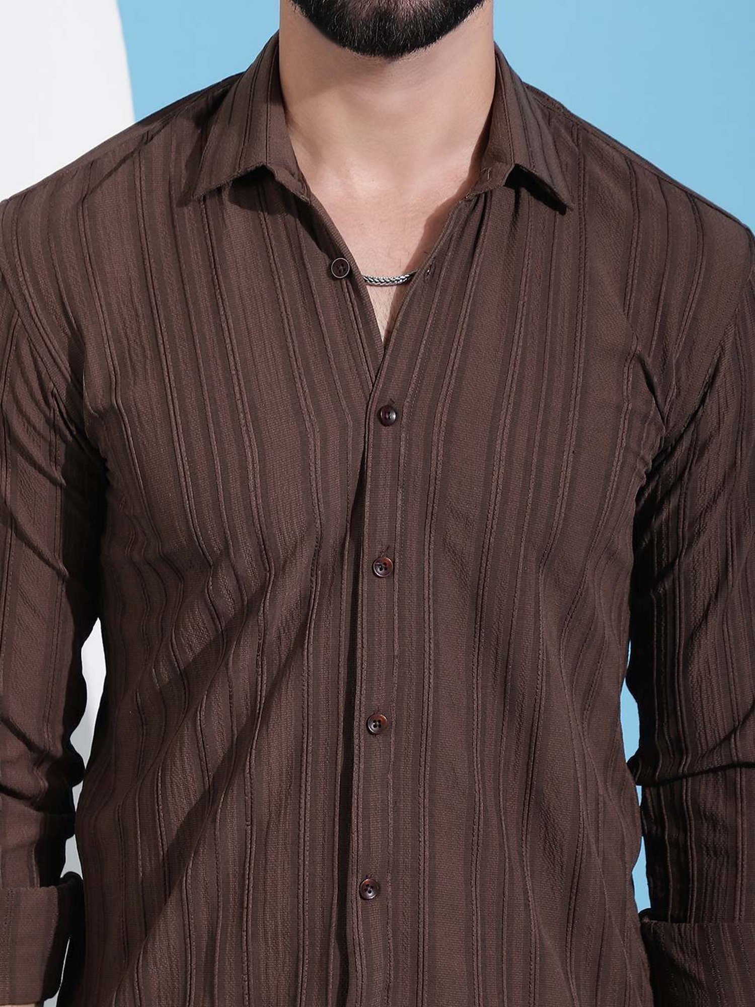 Indian Needle Coffee Regular Fit Striped Shirt