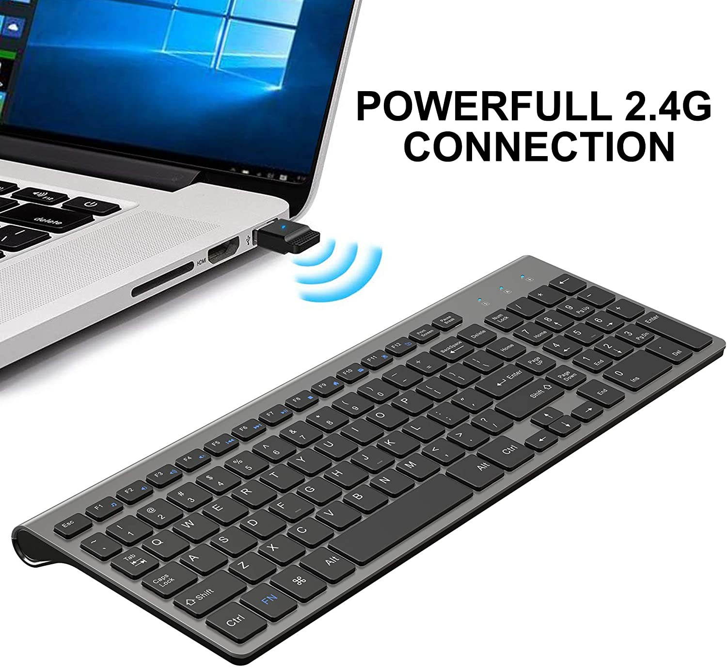 Wireless Keyboard, 2.4G Slim and Compact Wireless Keyboard-White+Silver