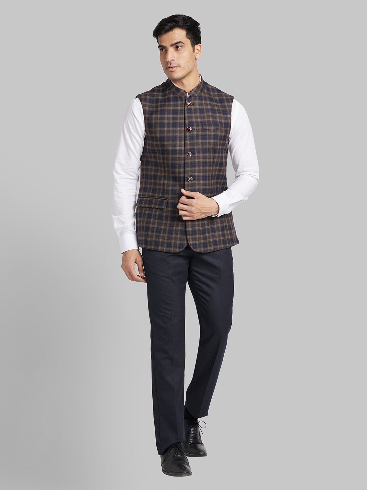 Park Avenue Brown & Blue Slim Fit Checks Nehru Jacket
