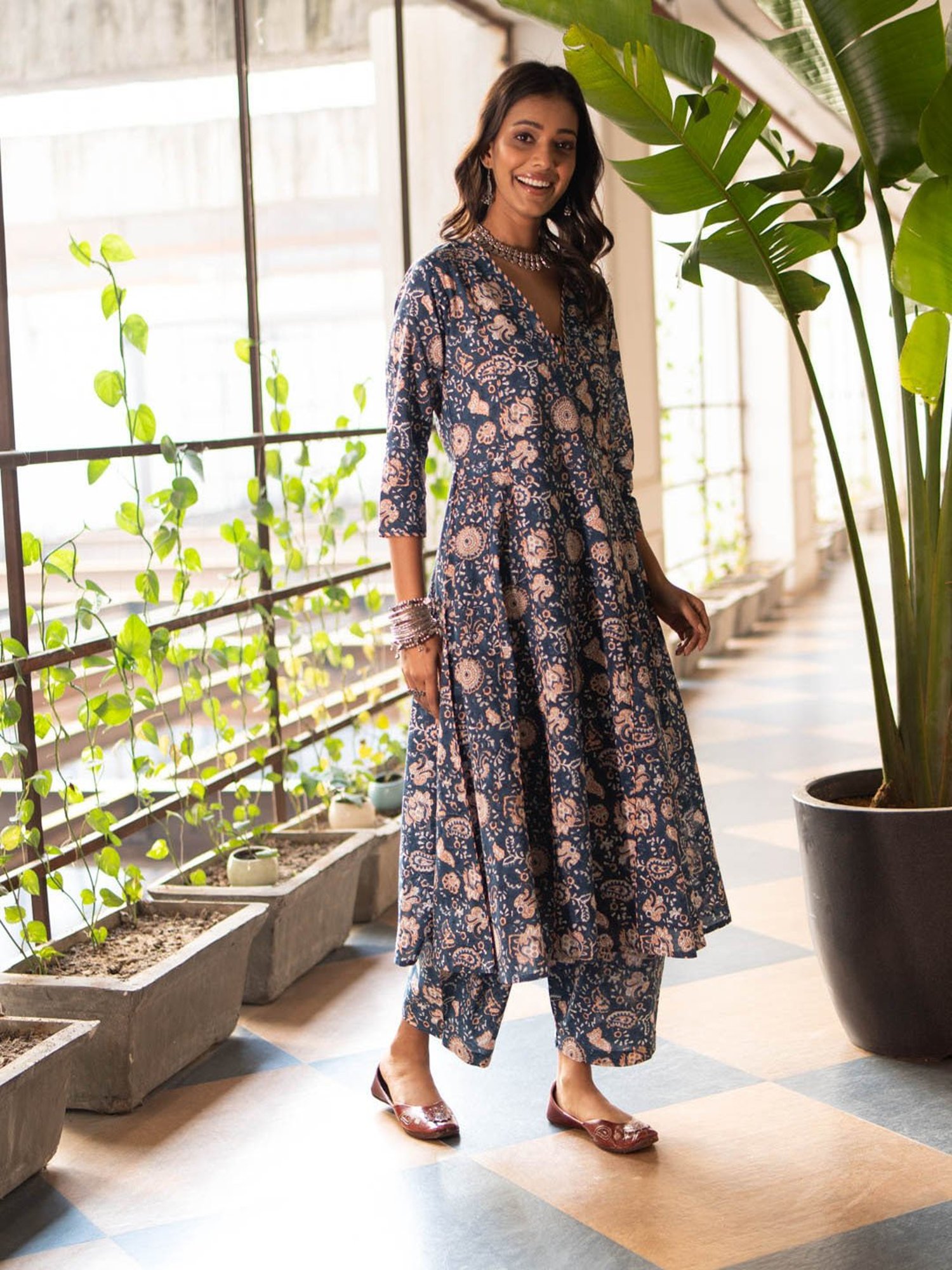 Akiso Blue Block Printed Anarkali Kurta Set With Hand Embroidery Details (Set Of 2)